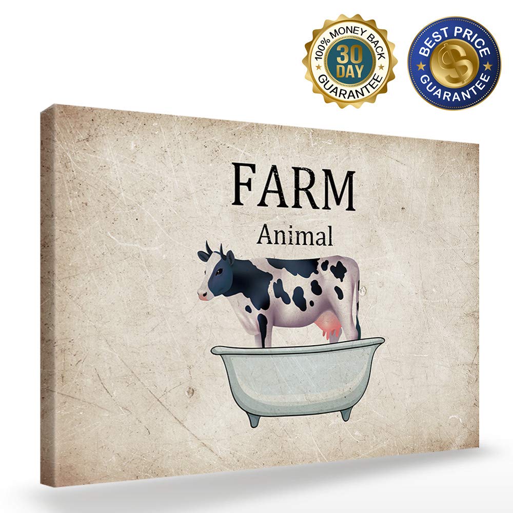 Funny Cow in Bathtub Canvas Wall Art - Retro Farm Animal Painting for Living Room, Bedroom & Bathroom Decor - 24x16 Inch Ready to Hang Picture - Perfect for Farmhouse, Country Style or Humorous Home Decor