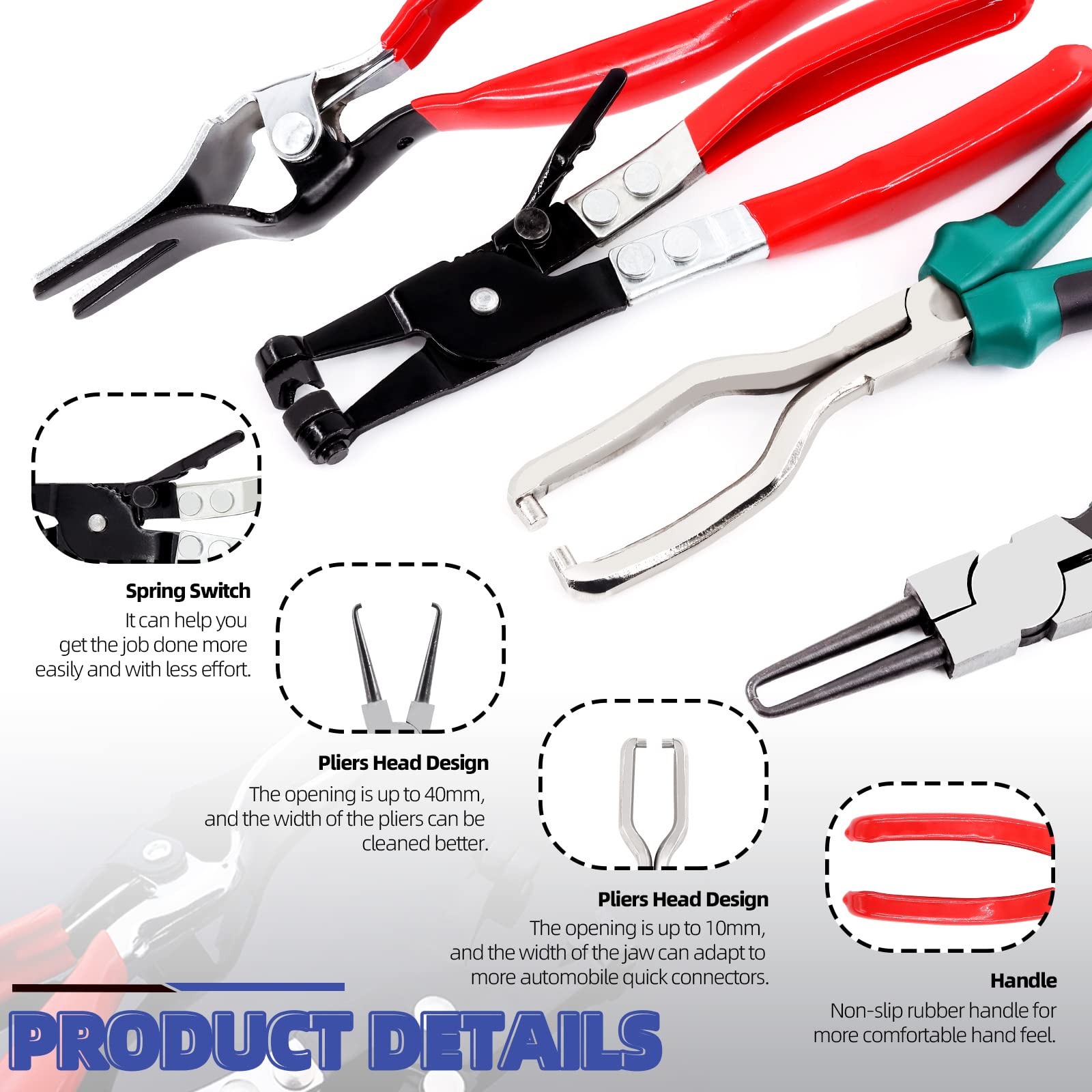 Glarks 4-Piece Fuel Line Pliers Kit - Includes 9-Inch Fuel Filter Calipers, Hose Pipe Clamp Clip, Hose Remover Pliers & Flat Band Hose Clamp Pliers for Auto Repair & Maintenance - Perfect for Mechanics, DIY Car Enthusiasts & Automotive Professionals
