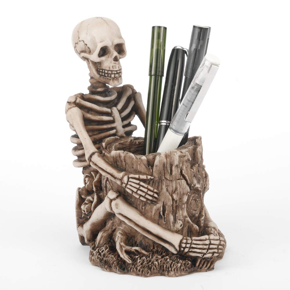 Skull Pen Holder & Skeleton Key Organizer - Gothic Home Office Desk Accessory for Stationery, Keys & Makeup Brushes | Perfect for Halloween Decor, Dark Academia & Gothic Workspace Setup