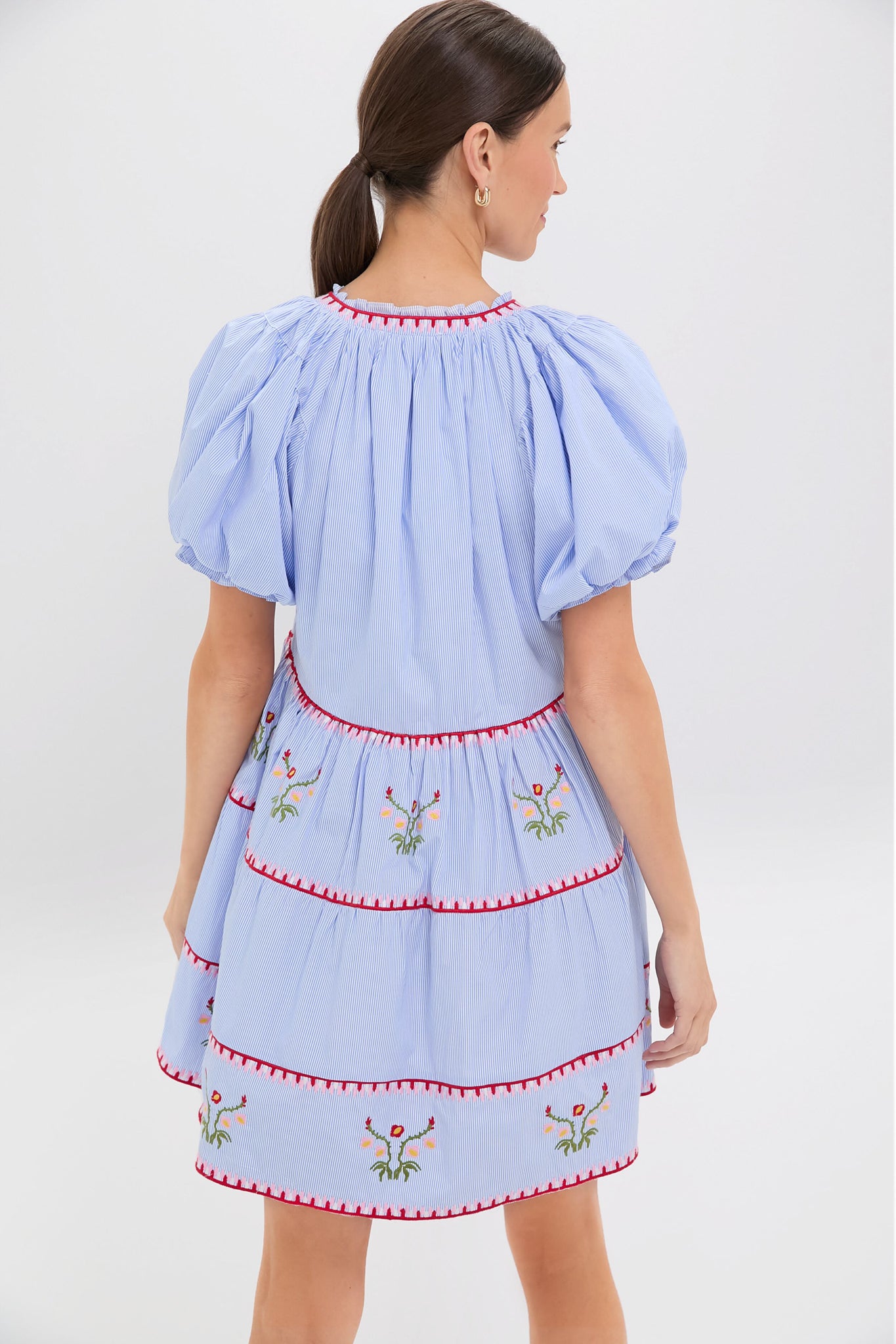 Blue Pinstripe Embroidered V-Neck Lillian Mini Dress for Women - Elegant Cocktail Party & Summer Wedding Guest Outfit