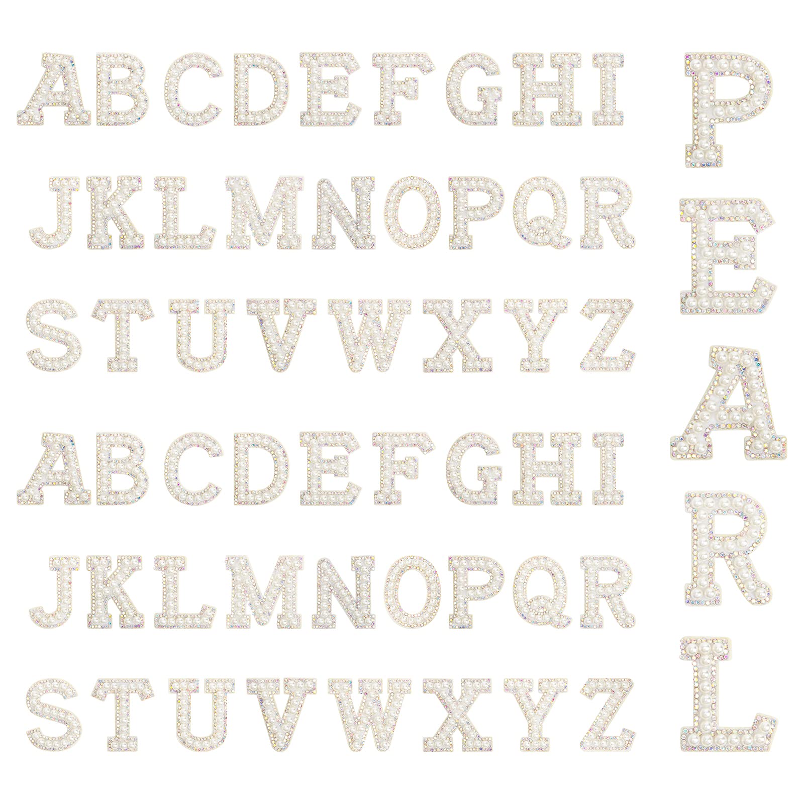 52 Pcs White Pearl Rhinestone Iron-On Letters A-Z Alphabet Patches for DIY Crafts, Hats, Clothing & Accessories – Perfect for Customizing Jackets, Bags, and Home Decor (Glitter Applique)