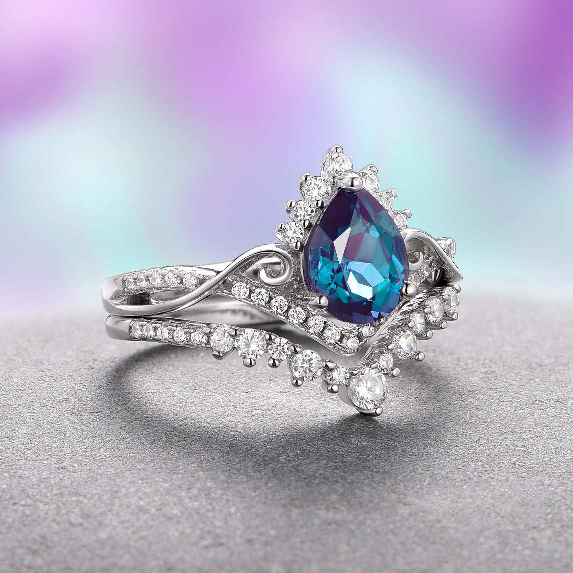 Faye Alexandrite Ring Set - Sterling Silver Two Piece Wedding Band & Engagement Ring Set for Women, Perfect for Proposals, Anniversaries & Special Occasions