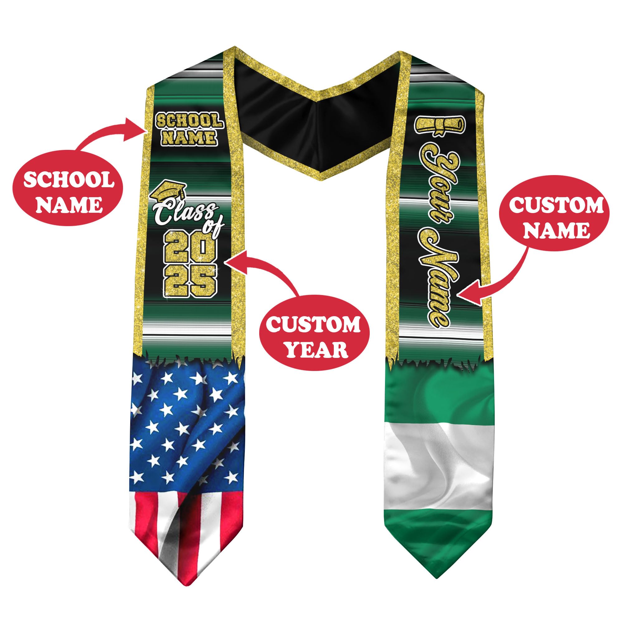 Custom Nigerian American Flag Graduation Sash 2025 - Nigeria Graduation Stole for Ceremonies & Celebrations - Perfect for Graduation Day, Cultural Events & Pride Celebrations