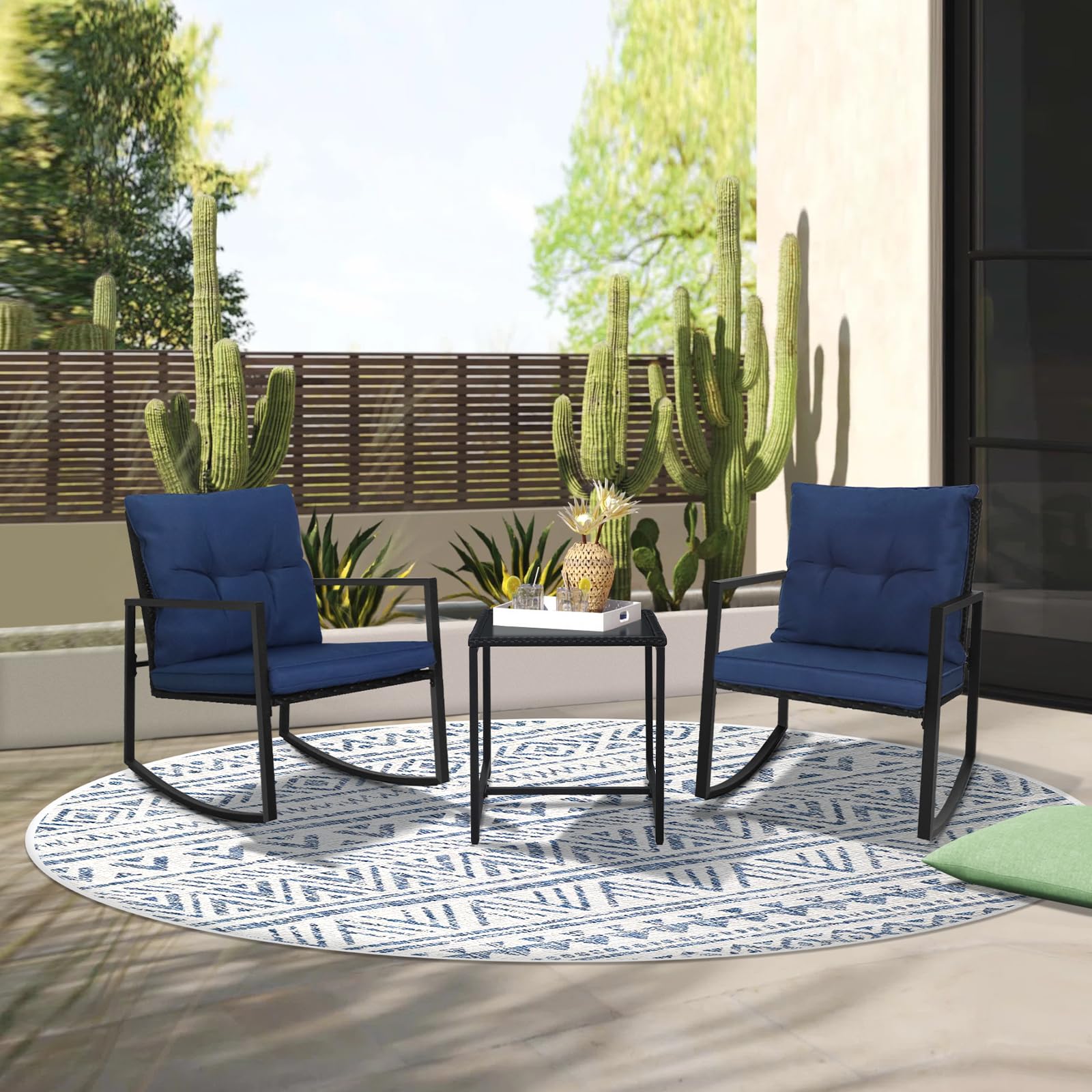 SUNCROWN 3-Piece Outdoor Rocking Bistro Set - Black Wicker Patio Furniture with Glass Coffee Table, Dark Blue - Perfect for Porch, Garden, or Backyard Relaxation & Conversation
