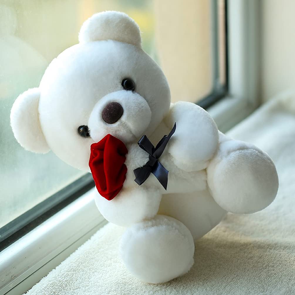 Cute White Teddy Bear Plush Stuffed Animal with Rose - 13.7 Inch Soft Rose Bear Gift for Valentine's Day, Birthday, Christmas | Perfect Present for Girlfriend, Kids, Loved Ones | Ideal for Bedroom Decor, Nursery, Romantic Surprises