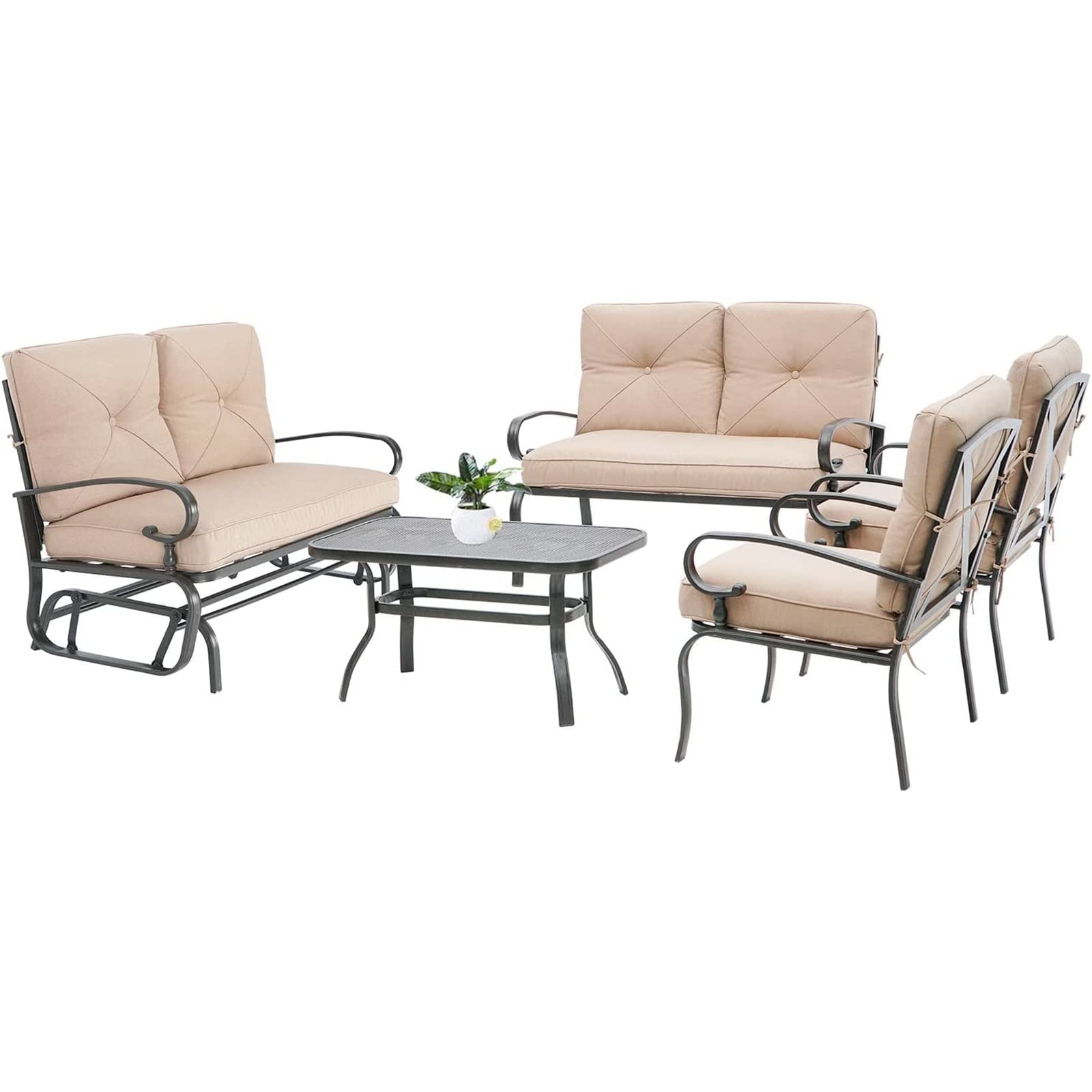 Betterland 5-Piece Metal Outdoor Furniture Set - Wrought Iron Patio Conversation Set with Glider Chair, Loveseat, Coffee Table & 2 Chairs - Brown Cushions Included - Perfect for Garden, Backyard, Poolside & Outdoor Relaxation
