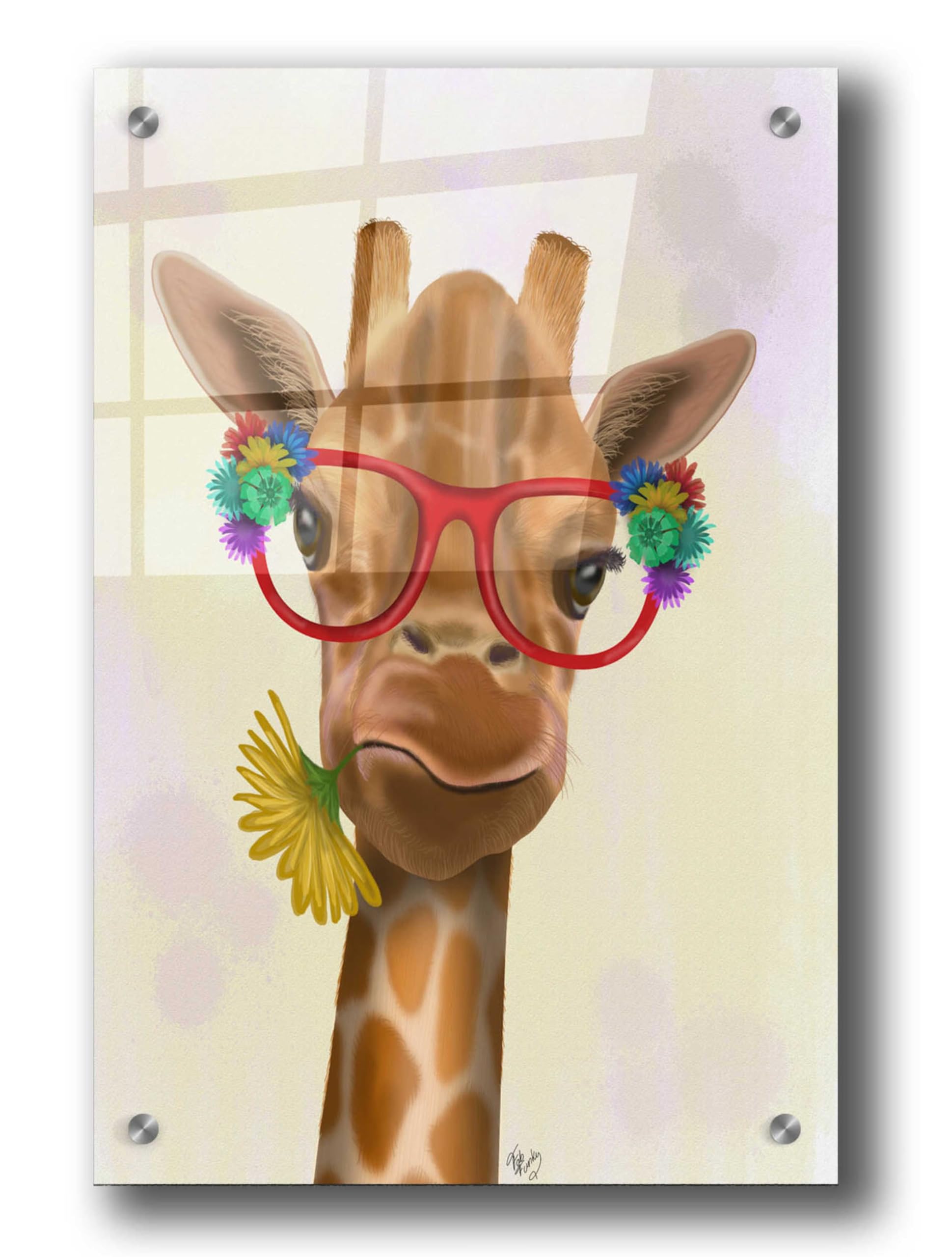 Epic Art 'Giraffe and Flower Glasses 3' by Fab Funky - Vibrant Acrylic Glass Wall Art Decor 24x36 Inches - Perfect for Living Room, Bedroom or Office Modern Decor