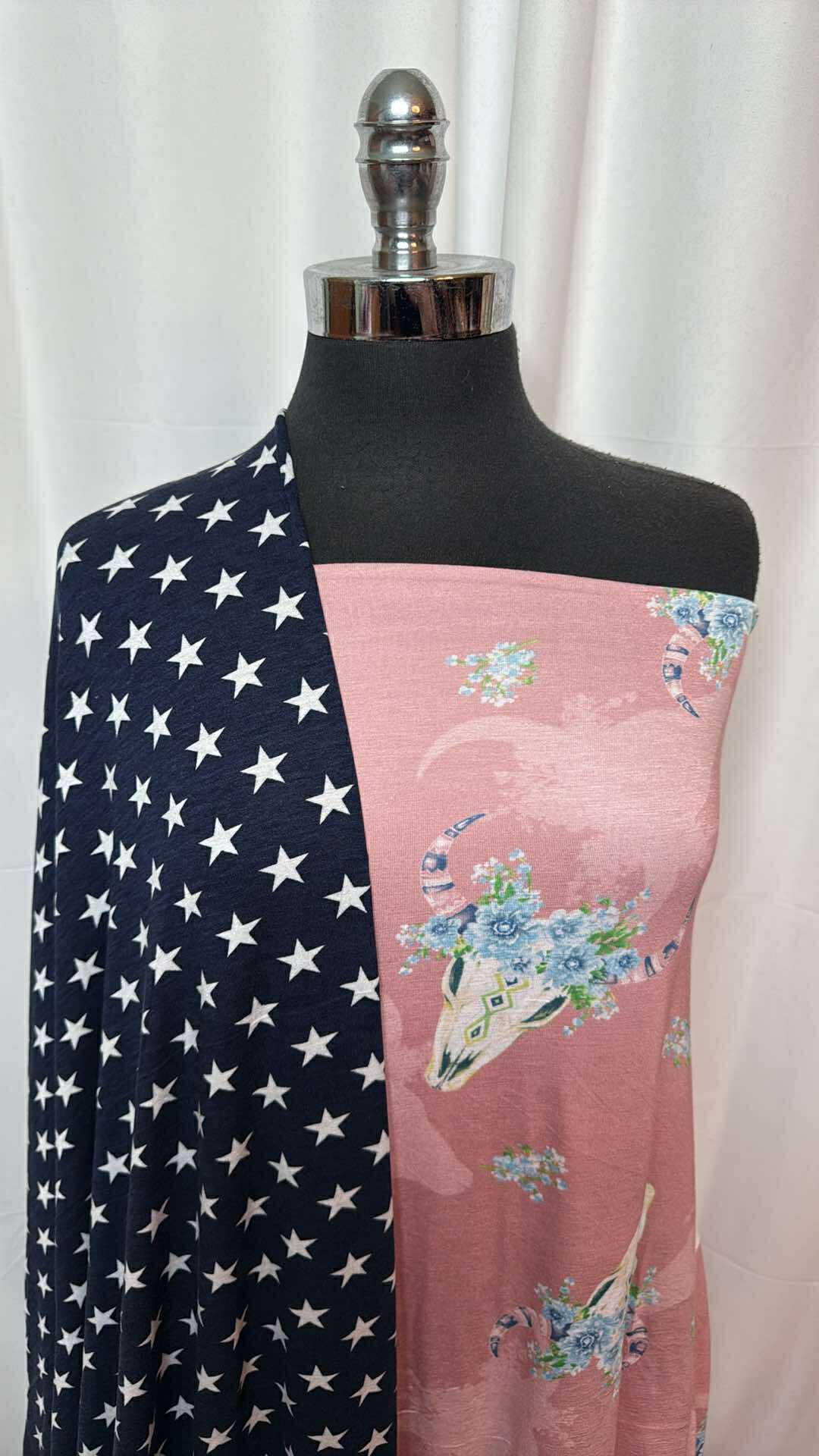 STAR/BULL BUNDLE: 2-Yard Pink Bull Print Ribbed Knit Fabric & 2-Yard Navy Star Print Ribbed Knit Fabric - A27458 - Perfect for DIY Crafts, Baby Clothes, and Home Decor Projects