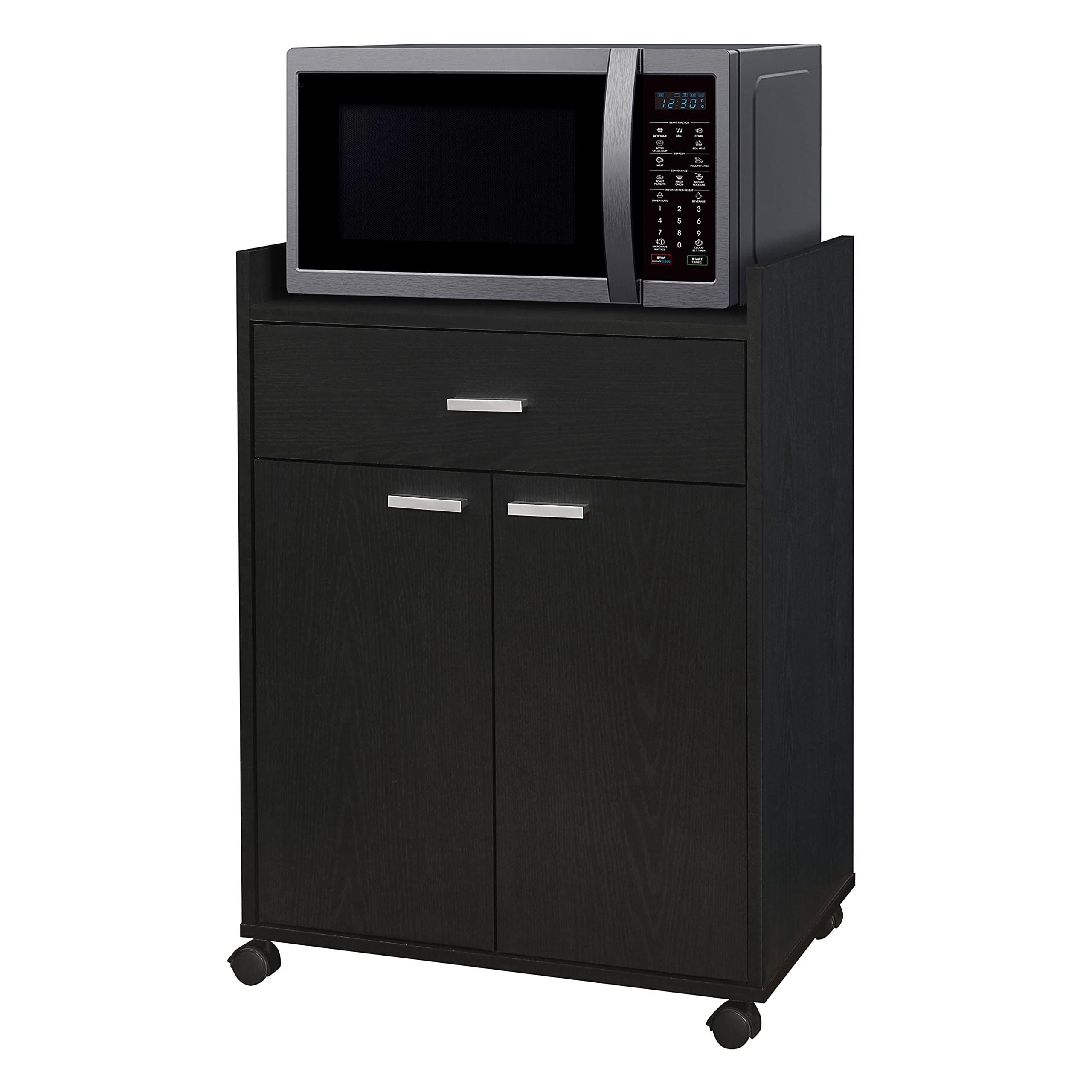 Kings Brand Kitchen Cabinet Rolling Cart with Wheels - Microwave Shelf Stand with Drawer & 2 Doors for Kitchen & Dining Room - Black | Space-Saving Storage Solution for Small Kitchens & Apartment Living