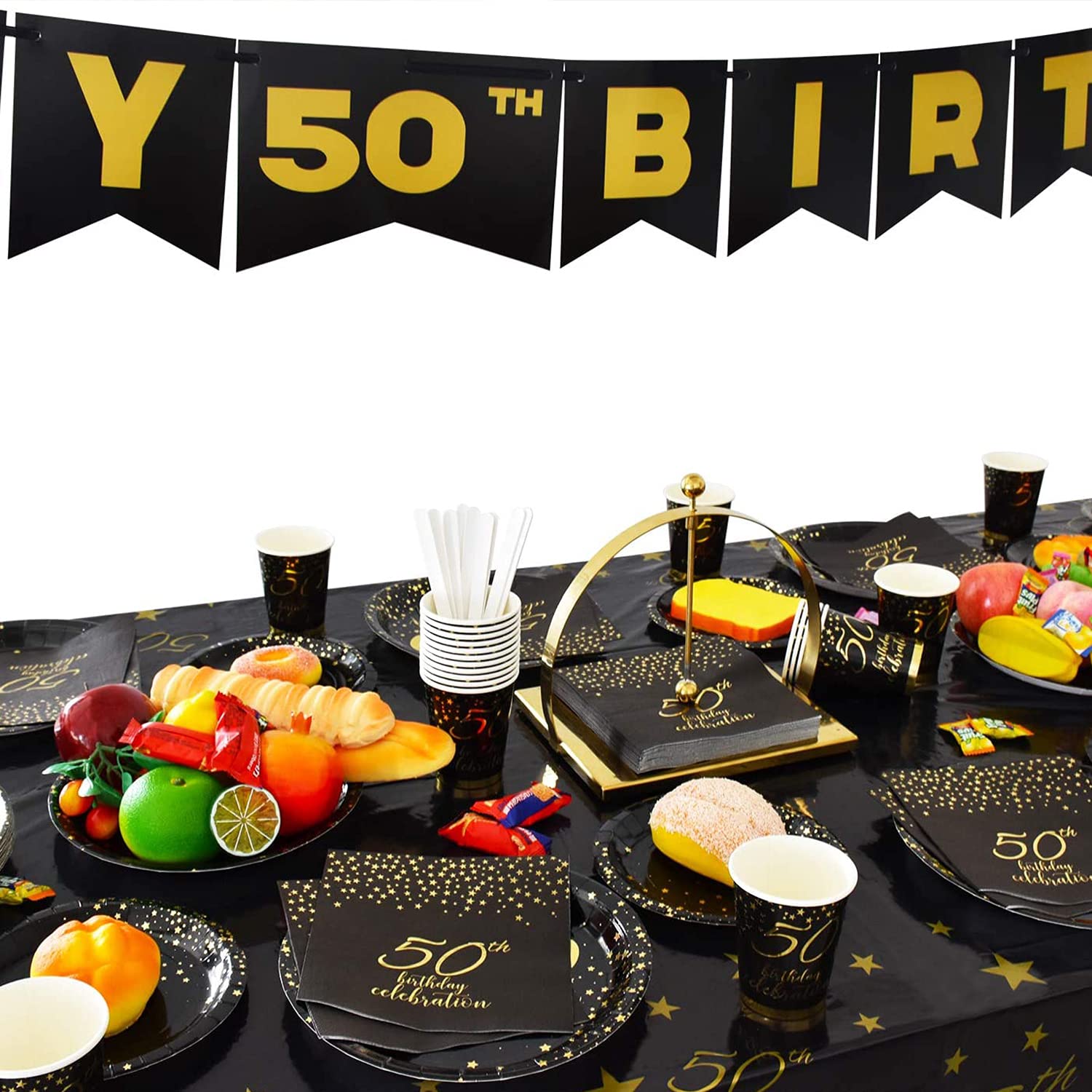 Gatherfun 50th Birthday Party Supplies Set - 50 Disposable Paper Plates, Napkins, Cups, Cutlery & Tablecloth with Black & Gold Balloons & Banner - Elegant 50th Birthday Decor for Men & Women (Serves 25) - Perfect for Milestone Celebrations, Retirement Parties & Anniversary Events