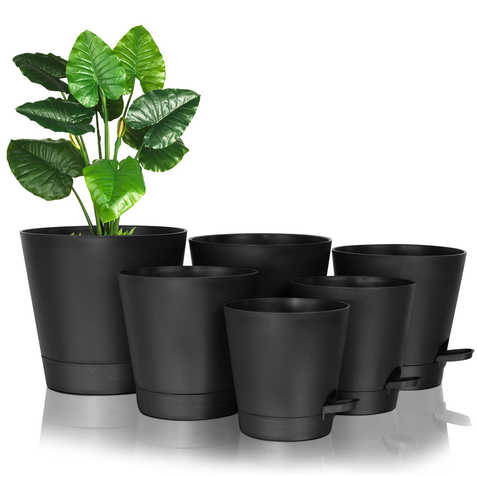 Warmplus Plastic Plant Pots for Indoor and Outdoor Plants - 5 to 8 Inch Flower Pots with Drainage Holes, Watering Wick & Lip - Perfect for Succulents, Herbs, Flowers in Home, Office or Garden Decor (Black)