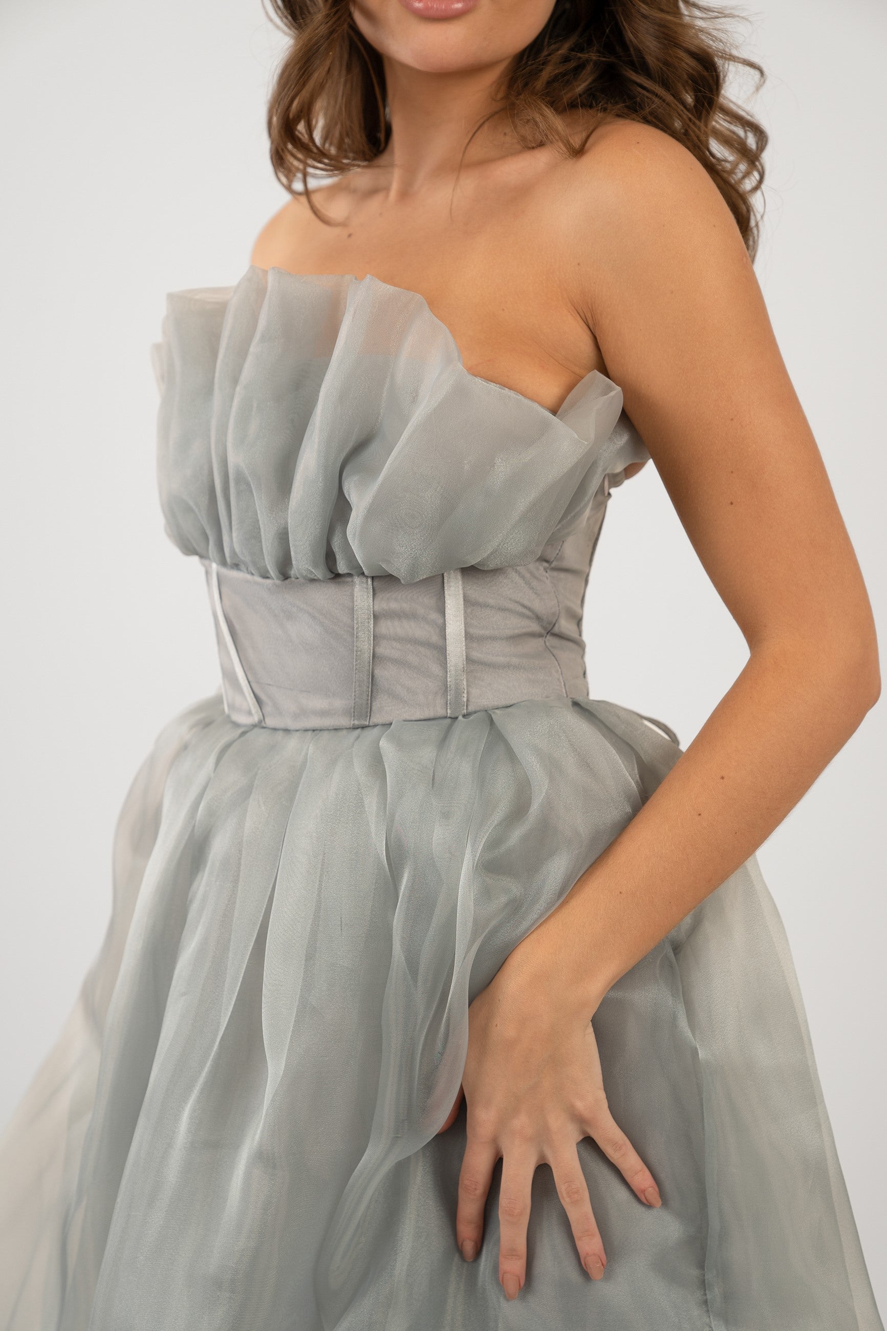Elegant Grey Organza Midi Dress for Women | Noah Formal & Party Dress | Perfect for Weddings, Cocktail Parties & Special Occasions