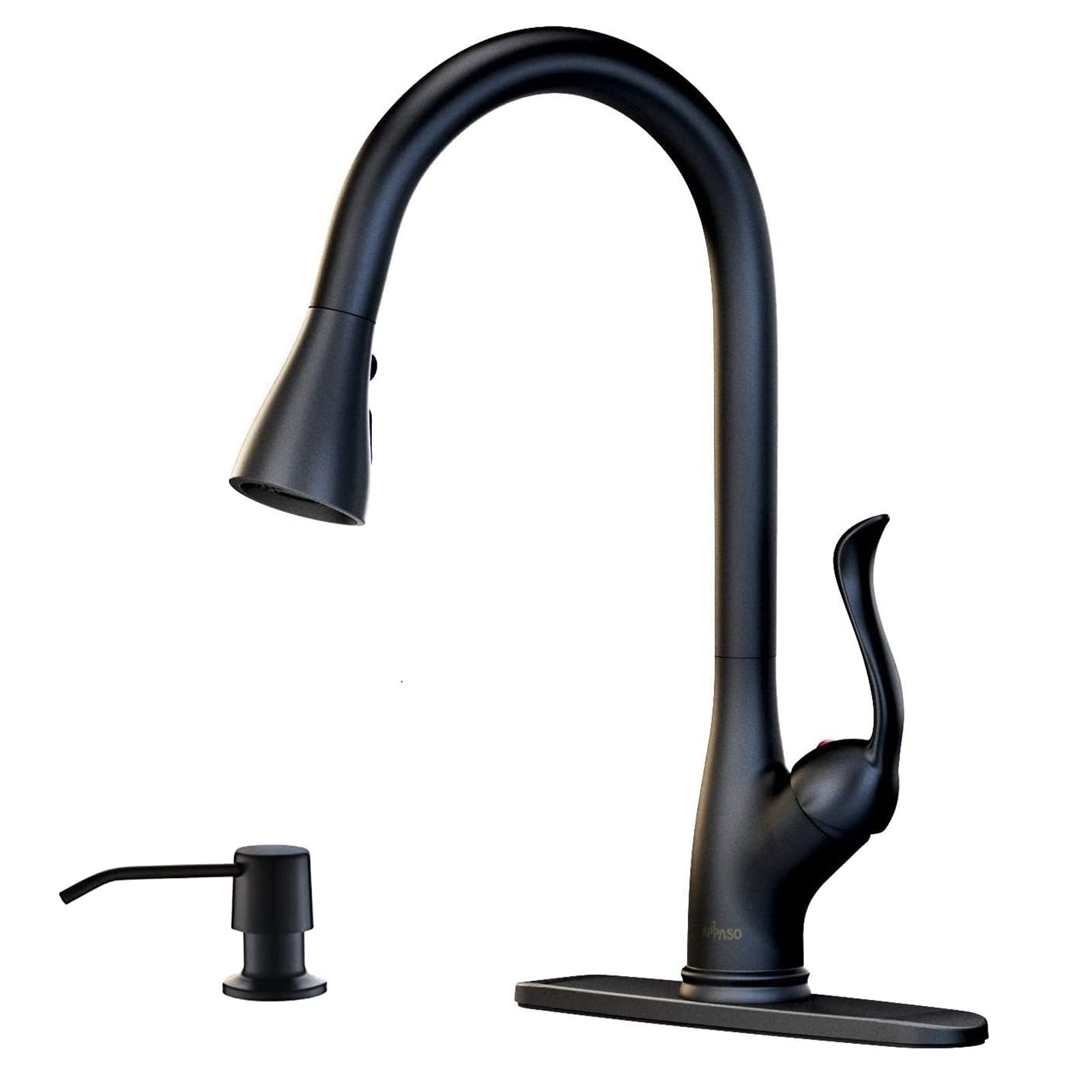 APPASO Matte Black Commercial Kitchen Faucet with Pull Down Sprayer & Soap Dispenser - High Arc Single Handle Pull Out Spray Head Sink Faucet with Deck Plate for Modern Kitchens, Restaurants & Food Service Areas