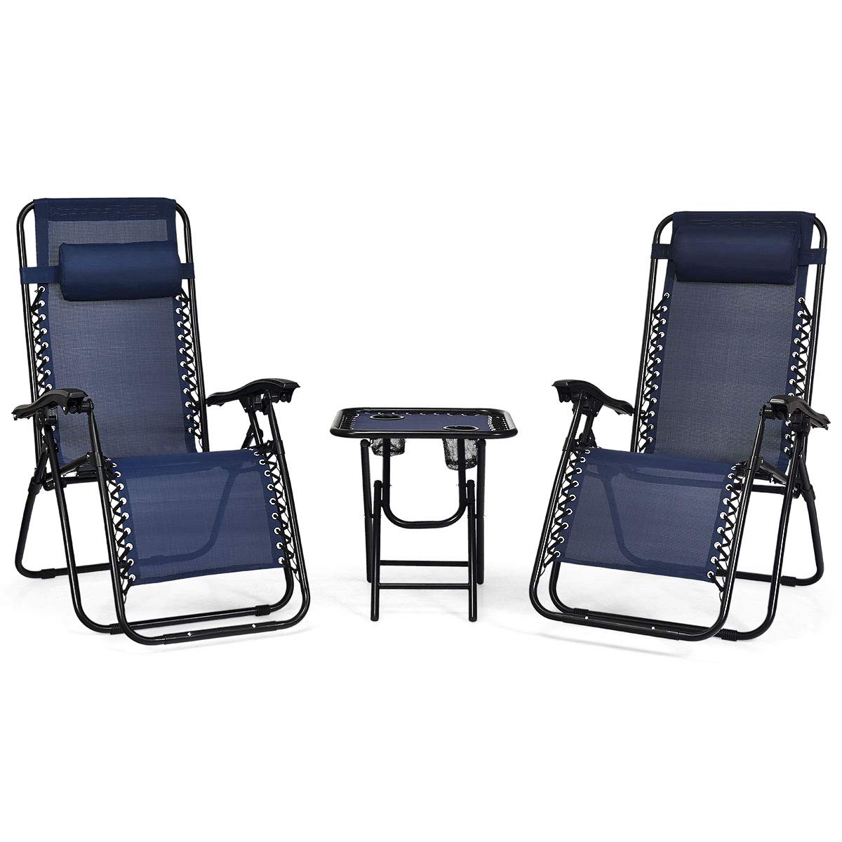 Giantex 3-Piece Zero Gravity Chair Set - Patio Chaise Lounge Chairs with Folding Table for Outdoor, Poolside, Backyard & Garden Relaxation (Navy Blue) - Perfect for Sunbathing, Lounging & Reading by the Pool