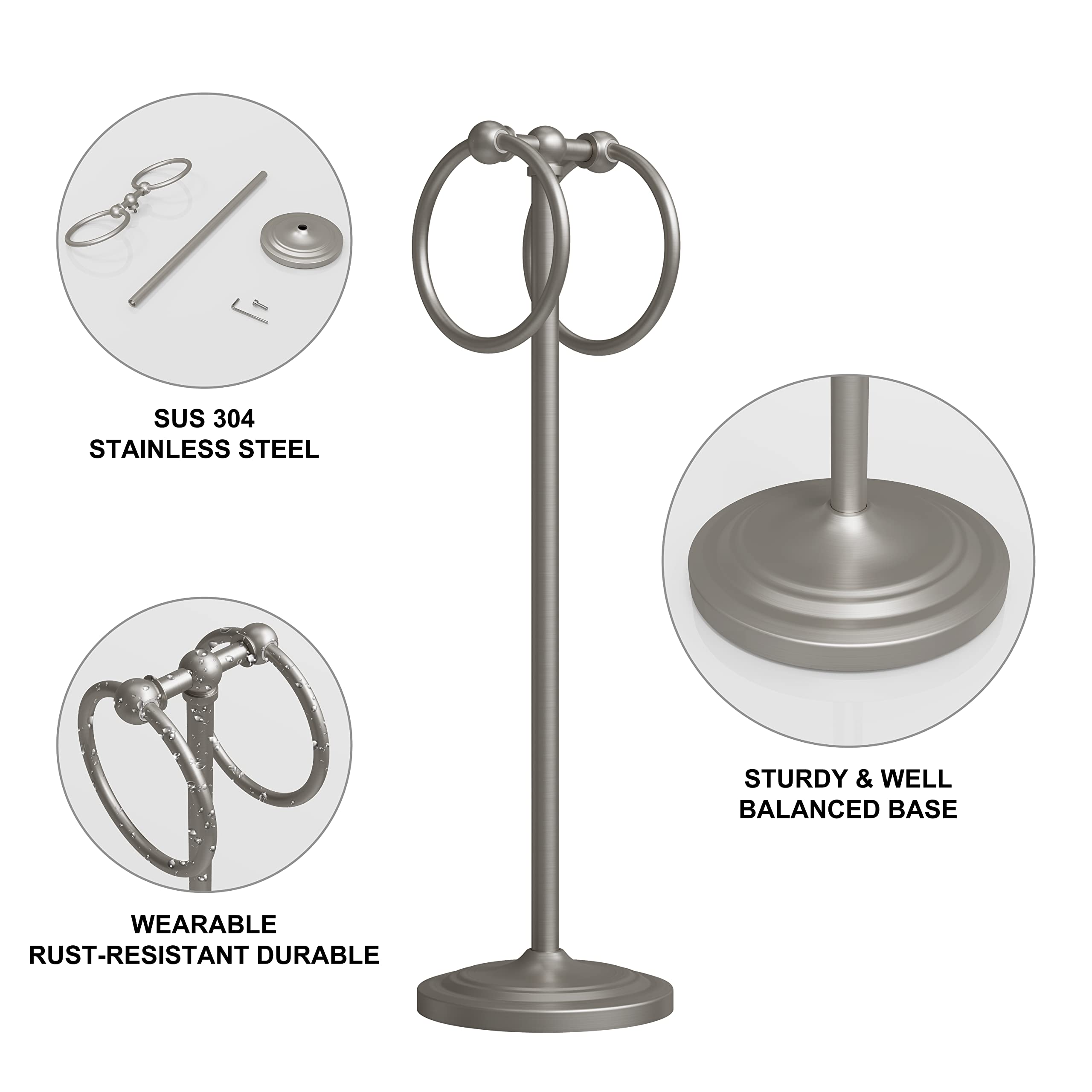 Brushed Nickel Towel Holder Stand - 2 Hanging Rings, 19