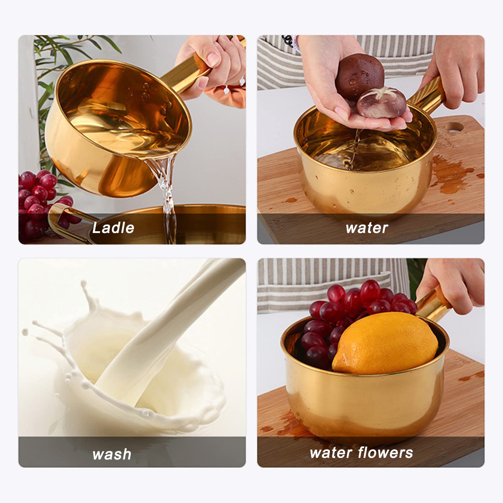 Stainless Steel Long Handle Water Ladle - Gold Kitchen Scoop for Cooking, Bathing & Washing - Perfect for Soup, Tea, Pet Water Bowls & Garden Use