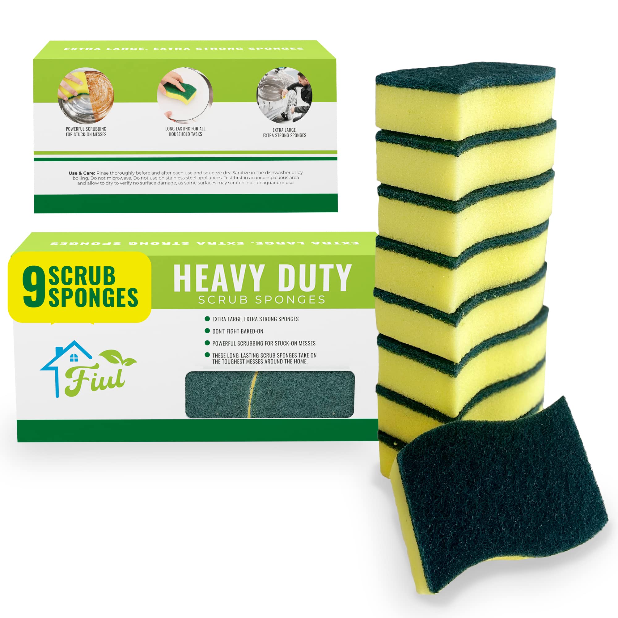 FIUL Heavy Duty Kitchen Sponges for Dishes - 9 Pack Yellow Odor Resistant Scrub Sponges with Scouring Pads - Durable Cleaning Sponges for Sinks, Countertops & Cookware - Perfect for Daily Dishwashing & Household Cleaning
