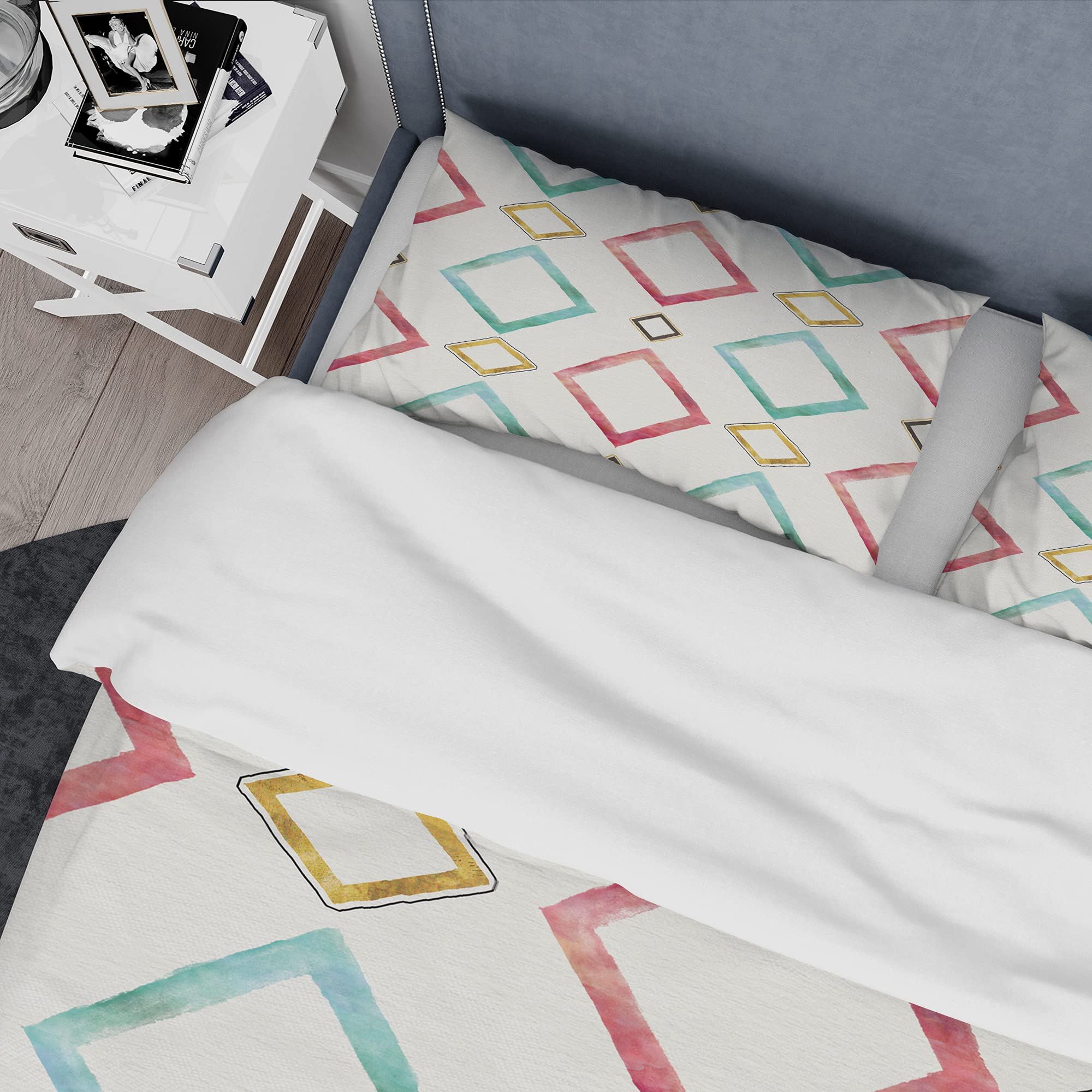 DesignQ Gilded Red & Blue Diamonds Mid-Century Modern Duvet Cover Set - Twin Size Blue Abstract Bedding (3-Piece) | All-Season Luxury Bedroom Decor for Guest Rooms & Master Suites