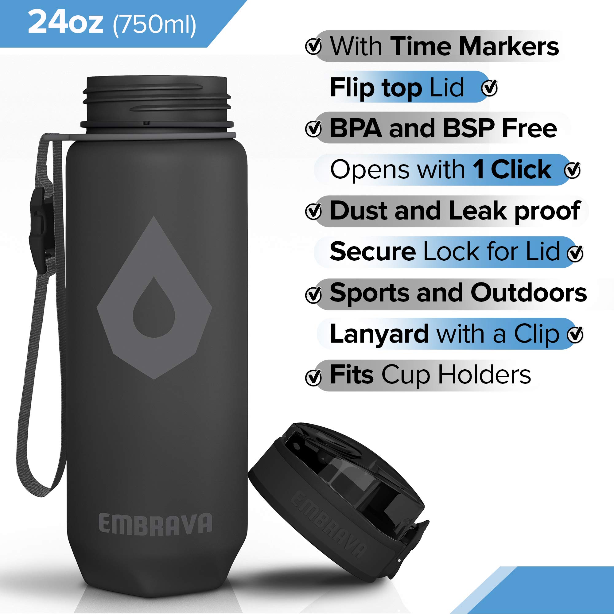 Embrava 24oz BPA-Free Plastic Sports Water Bottle with Time Markers - Leak Proof Gym & Outdoor Water Bottle for Fitness, Hiking, Running & Workouts
