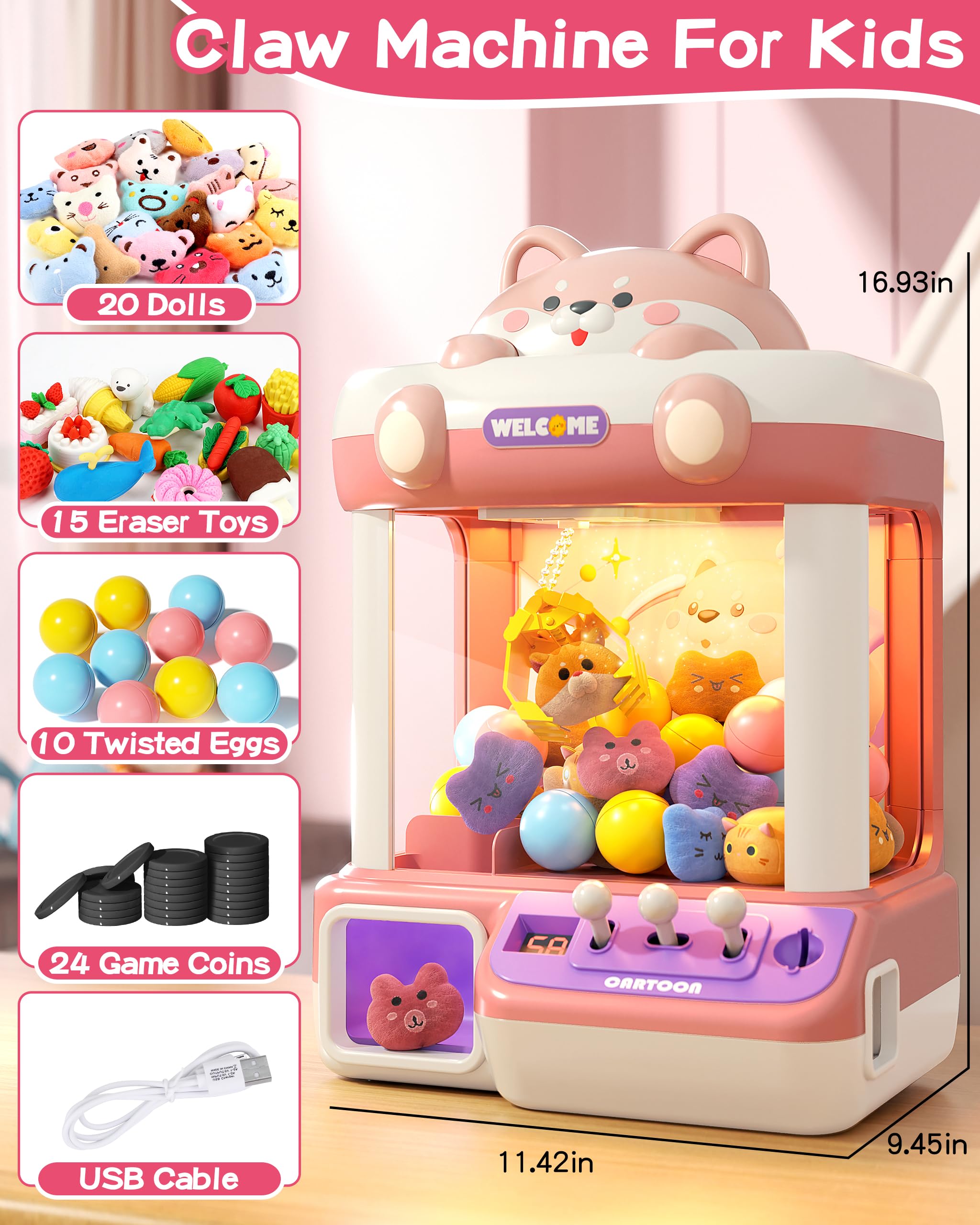 Mini Claw Machine for Kids - Electronic Vending Game with Music & 45 Prizes - Fun Prize Dispenser Toy for Boys & Girls - Perfect for Birthday Parties, Arcades & Family Game Nights