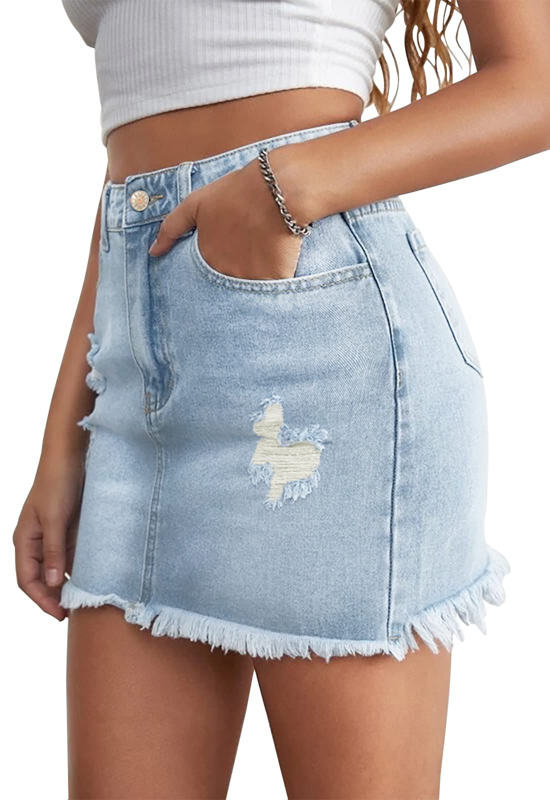 Women's High Waist Stretchy Denim Mini Skirt - Bodycon Washed Frayed Jean Skirt with Pockets | Casual Outfit for Clubbing, Date Night & Streetwear Fashion