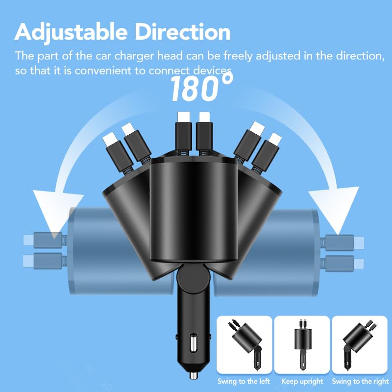 4-in-1 60W Super Fast Retractable Car Charger with 2 USB Ports & 2 Retractable Cables - Compatible with iPhone 16/15/14/13/12/11, AirPods 4, Galaxy & Pixel - Perfect for Road Trips & Daily Commutes