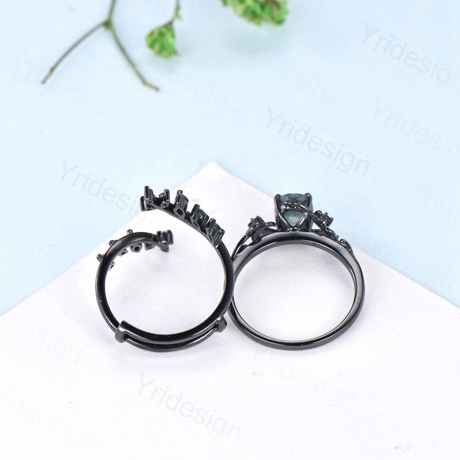 Nature Inspired Lavender Amethyst Engagement Ring Set - Black Gold Unique Leaf Vine Marquise Moss Agate Gothic Bridal Wedding Jewelry (2pc) | Perfect for Boho Weddings, Nature-Themed Proposals & Alternative Bridal Style
