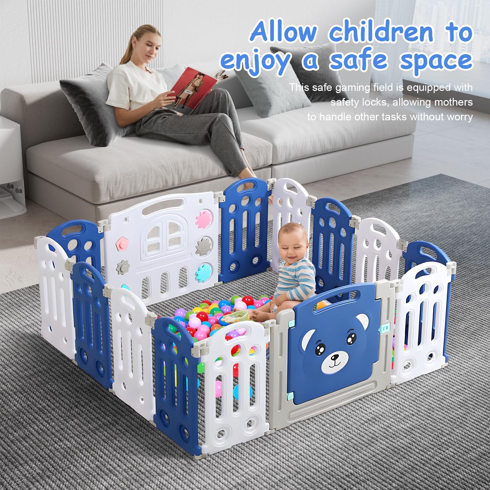 Foldable Baby Playpen with 14 Panels - Portable Safety Play Yard for Babies & Toddlers, Indoor & Outdoor Use, Bear Pattern Design - Perfect for Home, Park, and Travel Playtime