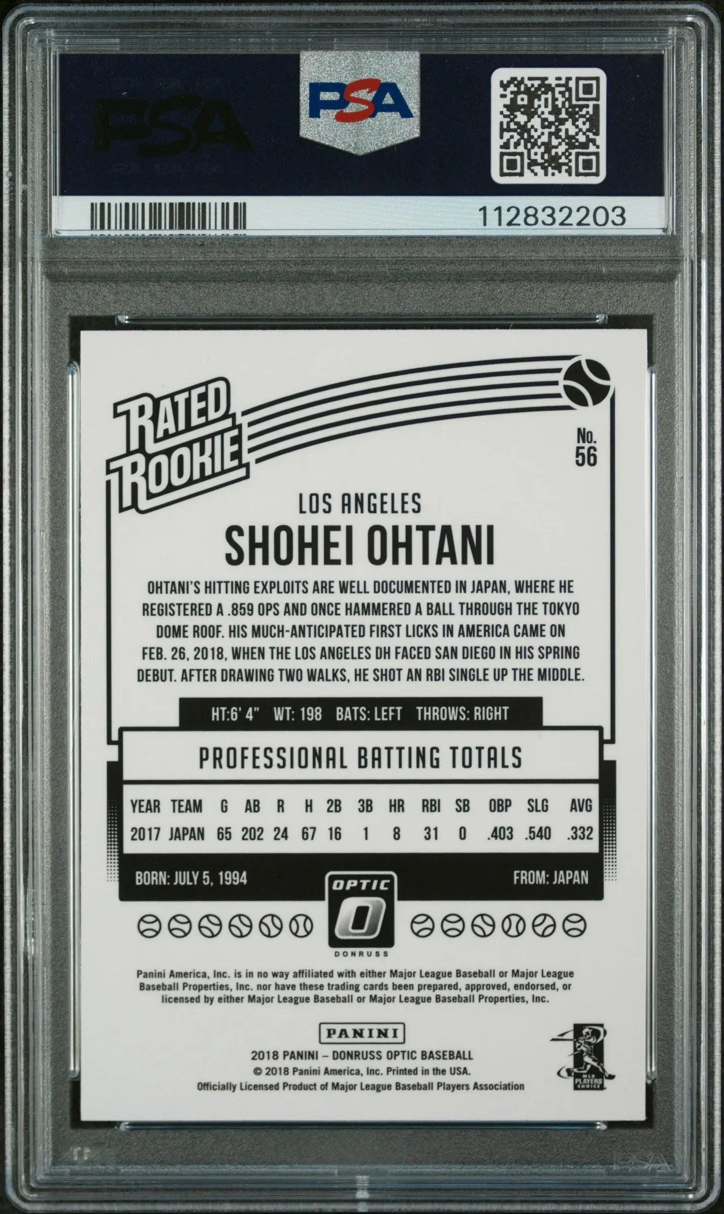 2018 Panini Donruss Optic Baseball Shohei Ohtani Rated Rookie Variation PSA 10 Gem Mint - Rare Baseball Trading Card for Collectors & Investors - Perfect for Display, Trading, and Sports Memorabilia Collections