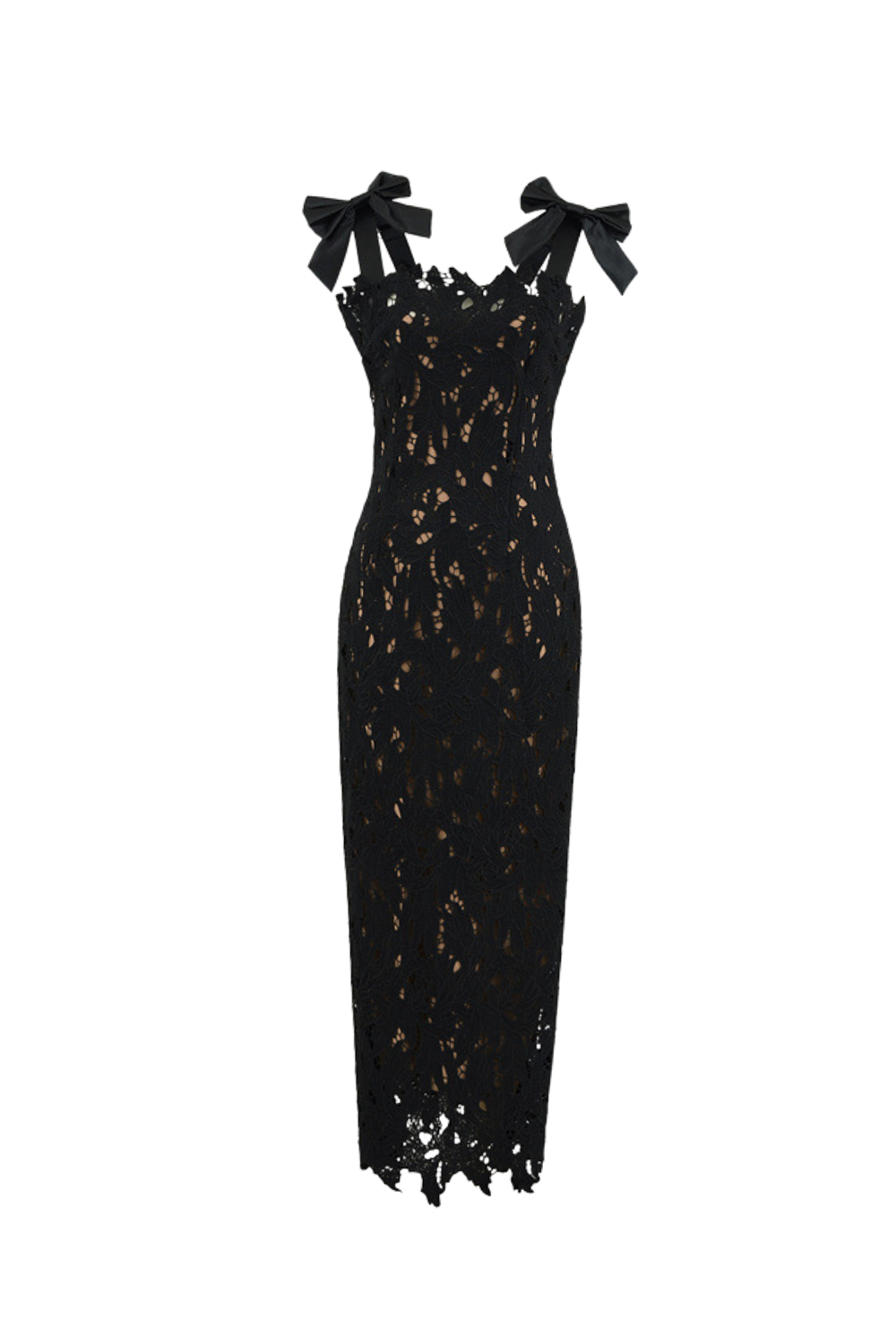 Elegant Black Embroidered Lace Maxi Dress with Bow Strap - Perfect for Weddings, Parties & Special Occasions