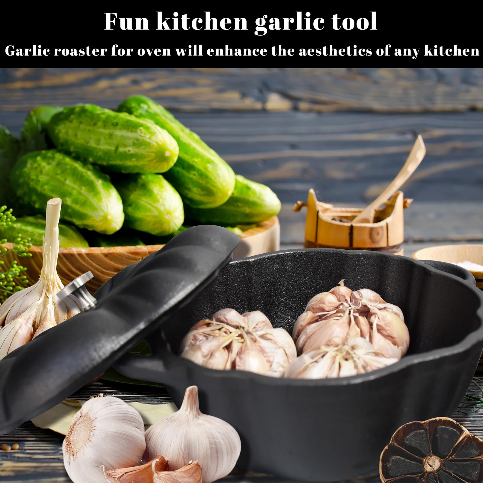 Cast Iron Garlic Roaster for Kitchen, Oven, Grill - Indoor & Outdoor Garlic Baker Tool for BBQ, Picnic, Camping, Patio & Backyard Cooking - Perfect for Roasting Garlic Cloves with Olive Oil