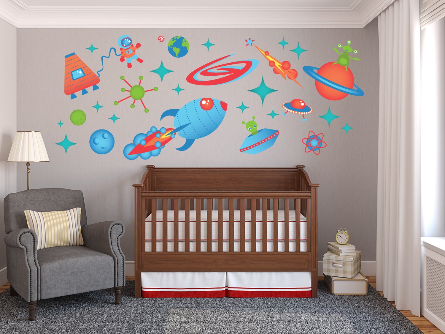 Space Fabric Wall Decals - Extra Large Galaxy Theme with Planets, Astronaut, Rocket, Stars, UFO & Alien Decor | Perfect for Kids' Room, Nursery, Classroom & Space-Themed Parties