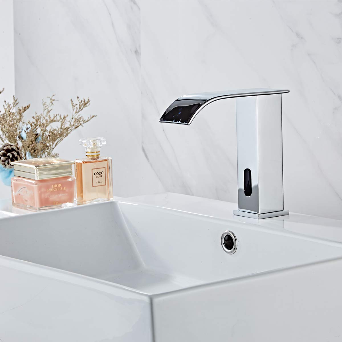 Automatic Touchless Bathroom Faucet Sensor - Hands-Free Waterfall Chrome Sink Faucet with Motion Activation | Dual Powered (Battery/USB) | Perfect for Modern Homes, Public Restrooms & Water Conservation | ADA Compliant Design