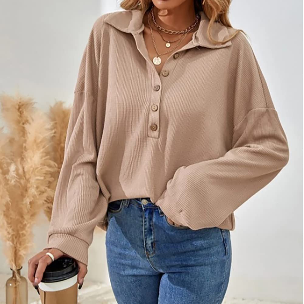 Mayntop Women's Pullover Sweater - Waffle Knit, Solid Color, Half Button, Batwing Sleeve, Turndown Collar, Loose Fit | Casual Wear, Office Outfits, Fall & Winter Fashion