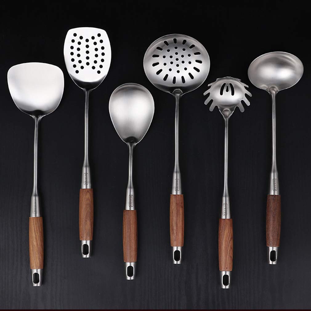 7-Piece Stainless Steel Kitchen Utensil Set with Wooden Handle - Non-Stick Heat Resistant Cooking Tools for Baking, Frying & Grilling - Perfect Cookware Gift Set for Home Chefs