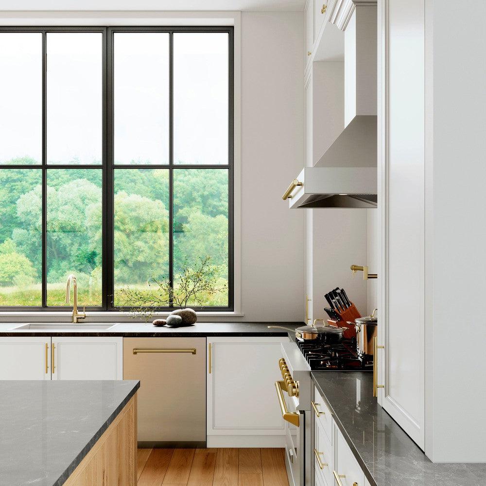 ZLINE Autograph Edition 24 Inch Stainless Steel Dishwasher with Polished Gold Handle - 3rd Rack, Top Control, Tall Tub Design, Ultra Quiet 51dBa (DWVZ 304 24 G) - Perfect for Modern Kitchens and Open-Concept Homes
