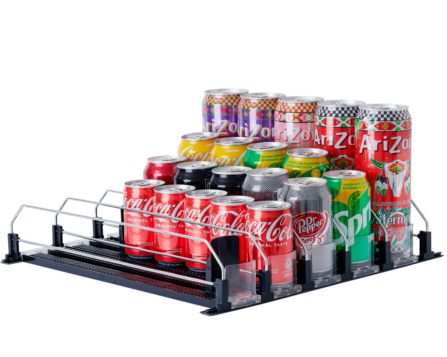 Baraiser Large Capacity Self-Pushing Drink Dispenser - Adjustable Fridge & Pantry Organizer with 5 Rows, Black | Perfect for Soda Cans, Beer Bottles & Beverage Storage in Home, Office or Party Use