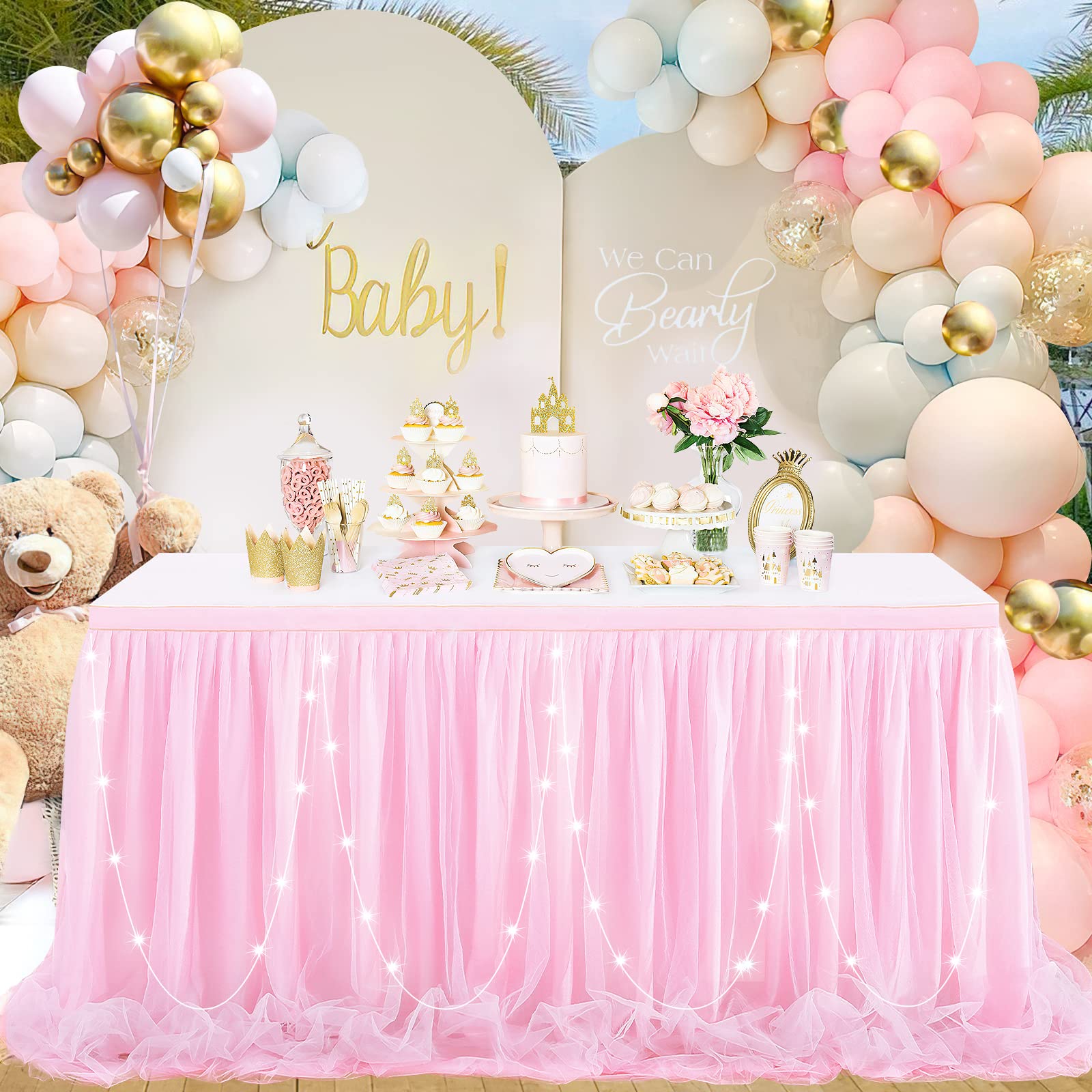 6ft Pink Tulle Table Skirt with LED Lights - Elegant Table Cover for Rectangle & Round Tables | Perfect for Baby Showers, Princess Birthday Parties, Cake & Dessert Table Decorations | Wedding, Quinceañera & Bridal Shower Decor