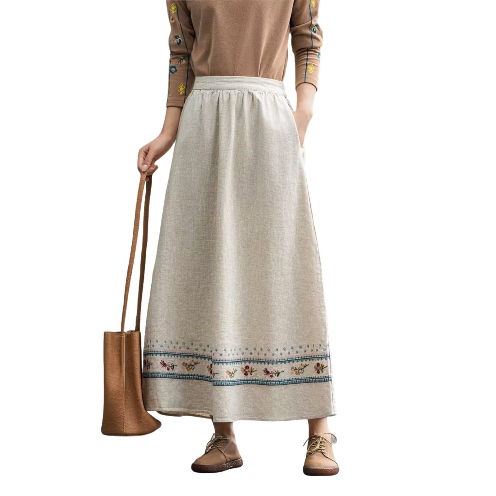 Women's High Waisted A-Line Midi Skirt - Embroidered Linen Retro Skirt for Summer | Casual, Office & Boho Chic Outfits