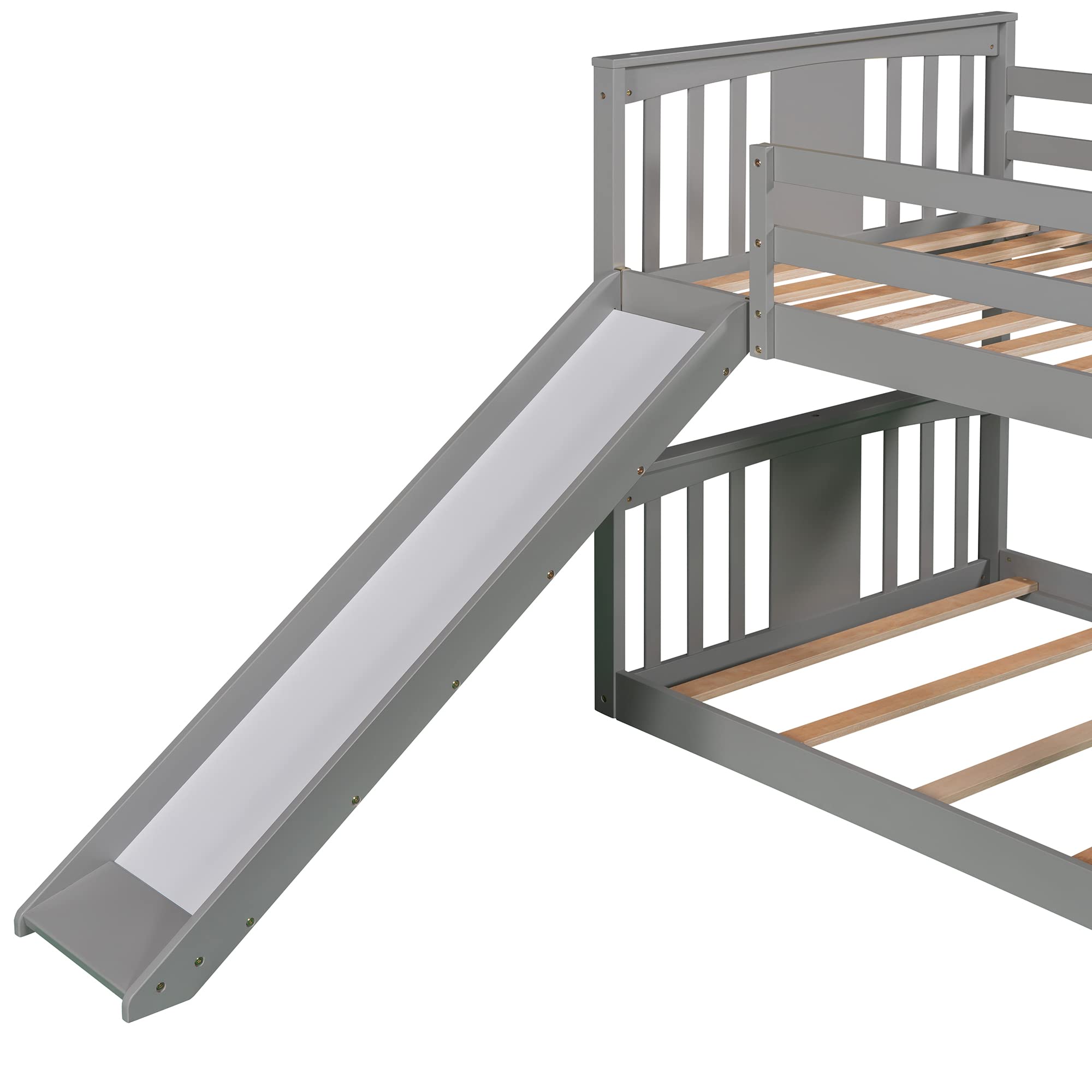 SOFTSEA Low Twin Over Twin Bunk Bed with Slide & Built-in Ladder - Kids Floor Bunk Bed for Small Spaces | Perfect for Siblings Sharing Room or Sleepovers