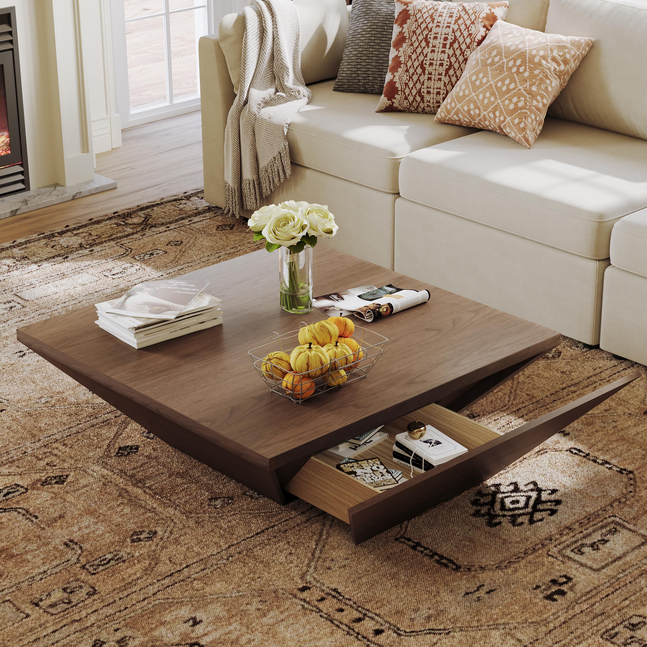 Modern Square Coffee Table with Storage Drawers - 39.4