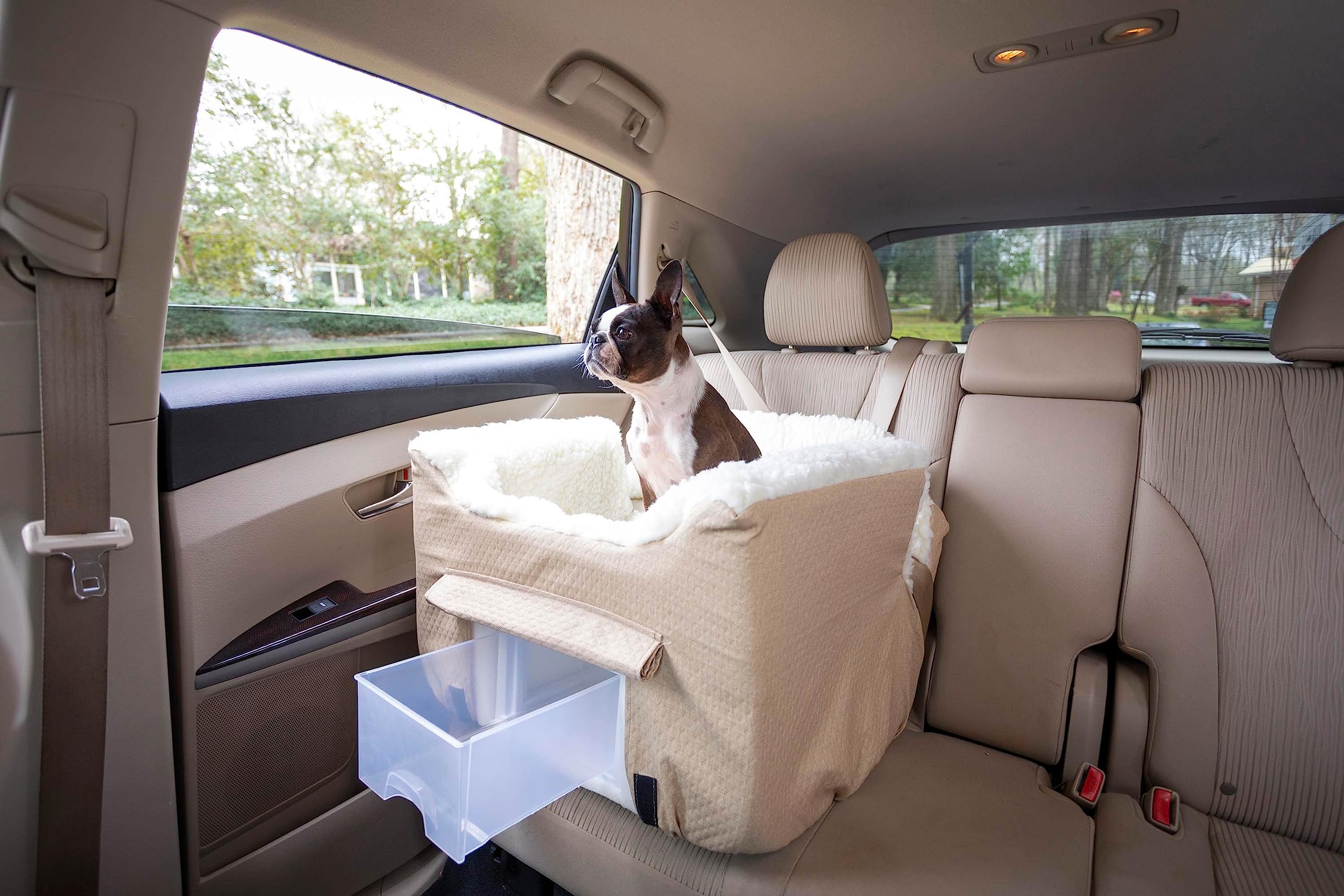 Snoozer Lookout II Dog Car Seat for Small Dogs Under 25lbs - Medium Size with Storage Tray & Removable Washable Cover - Birch Diamond Fabric - Helps Prevent Car Sickness - Perfect for Road Trips, Vet Visits & Daily Commutes