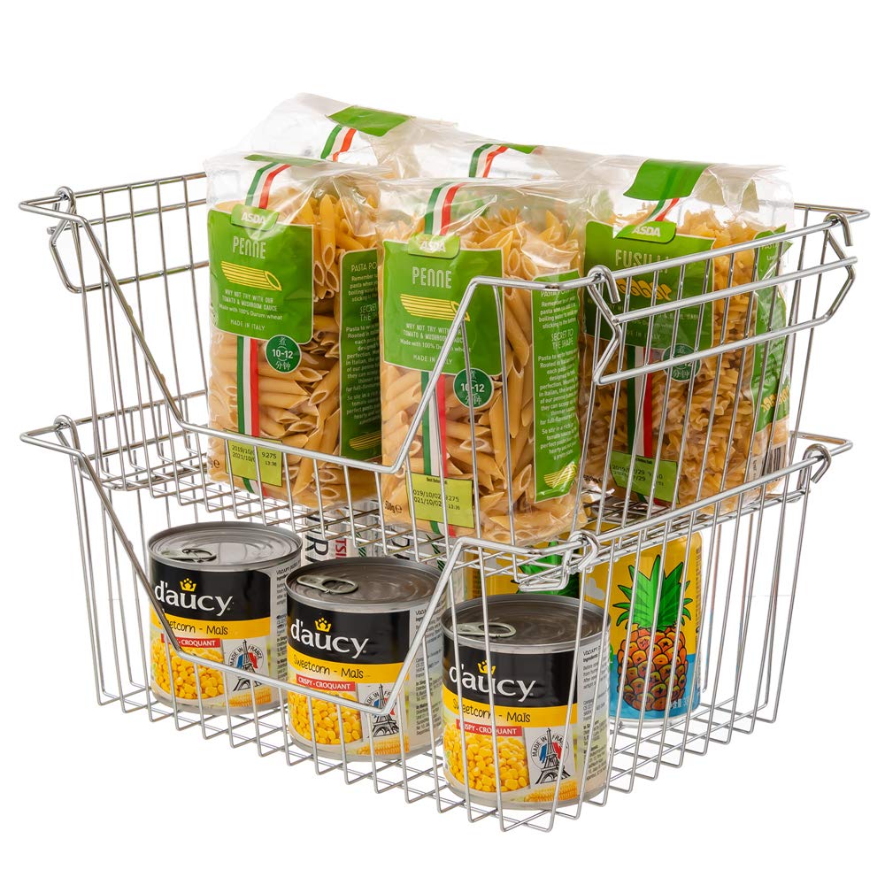 Stackable Metal Wire Baskets for Fruits & Vegetables - 2 Pack Kitchen Storage Bins for Pantry, Cabinet, Freezer Organization - Perfect for Organizing Produce, Snacks, and Kitchen Essentials