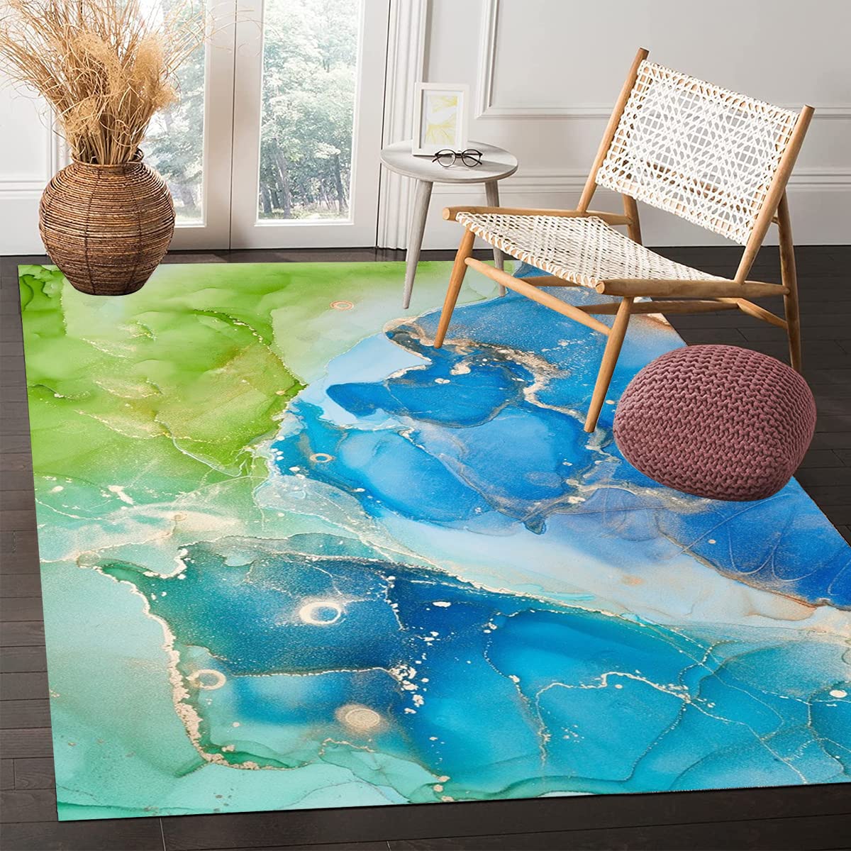 Blue Green Gold Marble Modern Abstract Area Rug 6x8 Feet - Colorful Aesthetic Washable Soft Chic Carpet for Living Room, Bedroom, Home Office - Perfect Under Dining Table, Coffee Desk & as Floor Runner - Indoor Decor Rug