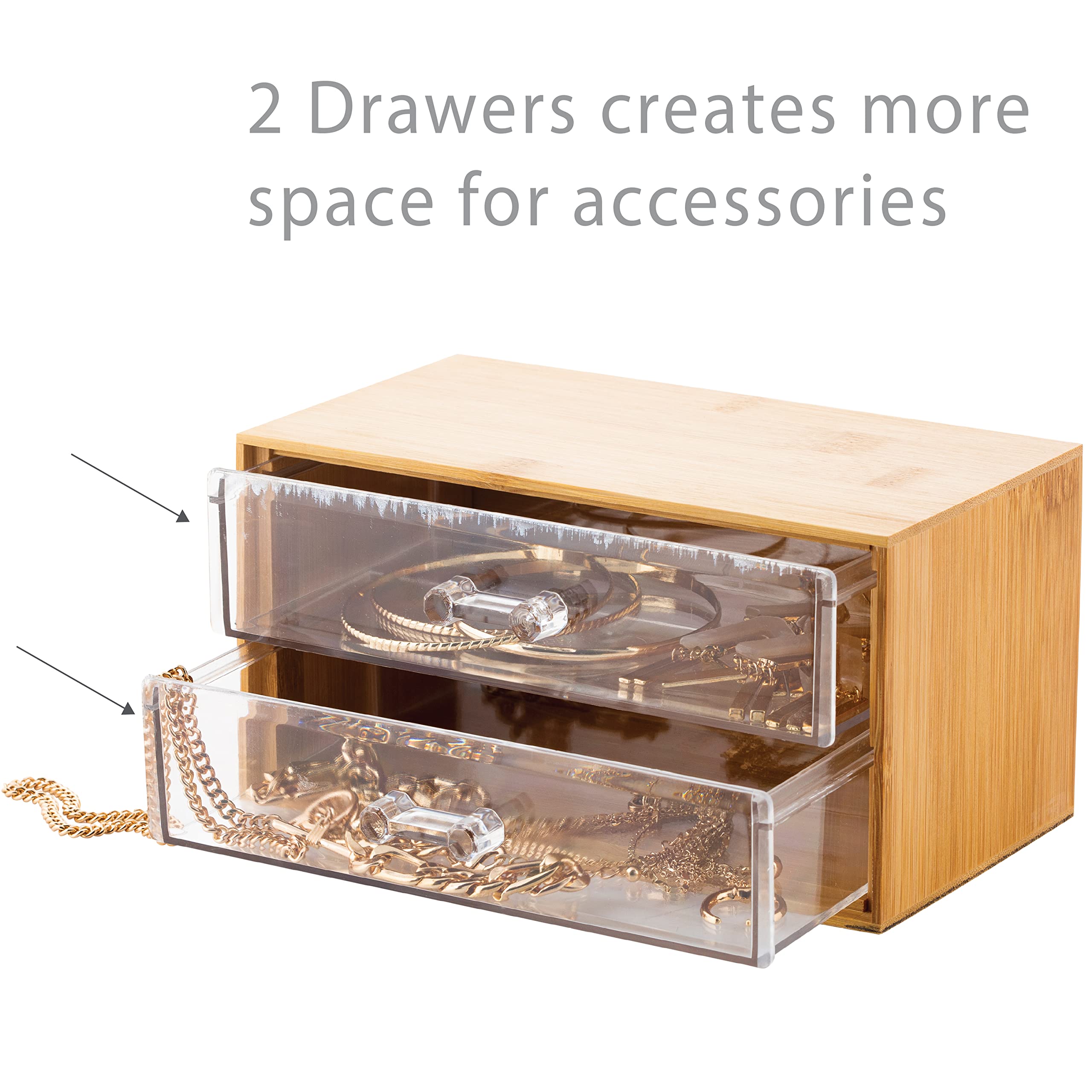2-Tier Cosmetic and Jewelry Organizer - Clear Acrylic & Bamboo Makeup Storage Box for Vanity, Dresser or Bathroom Countertop - Perfect for Organizing Makeup Brushes, Rings, Earrings and Beauty Accessories