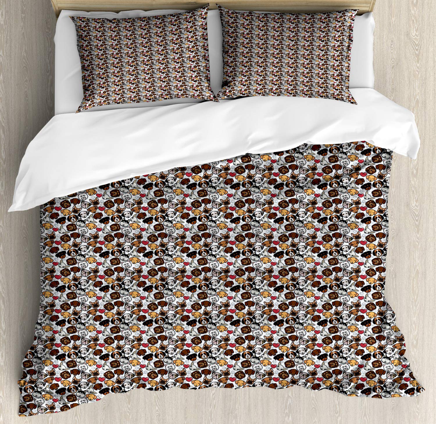 Ambesonne Dog Duvet Cover Set - King Size 3-Piece Bedding with Cartoon Dog Breed Portraits & Hearts Design - Includes Duvet Cover + 2 Pillow Shams - Vibrant Multicolor Decor for Pet Lovers' Bedroom