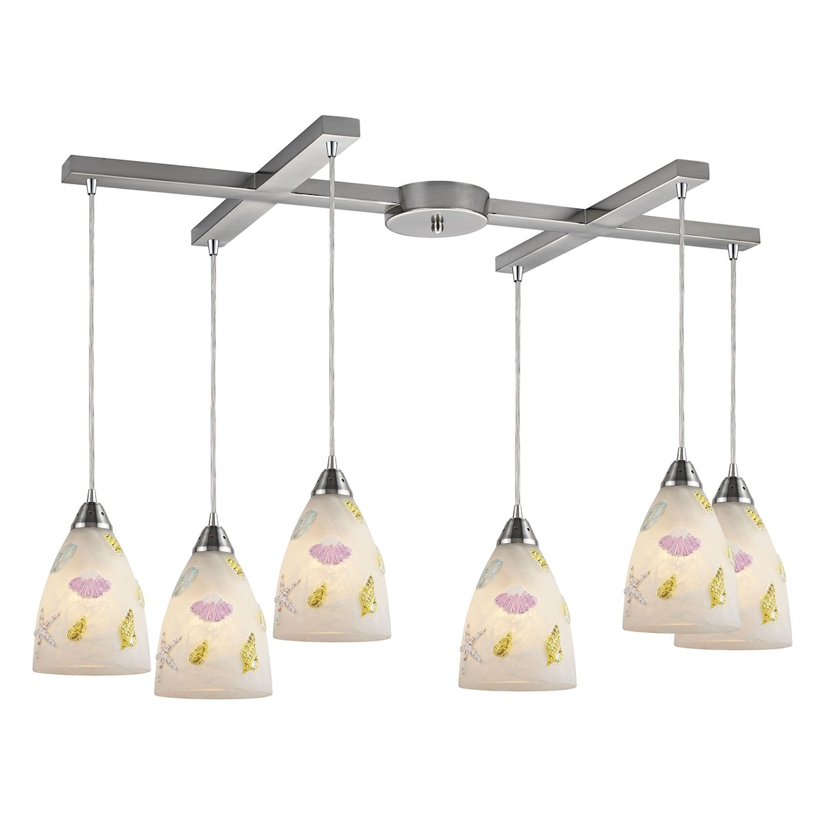 Seashore 6-Light H-Bar Pendant Light Fixture in Satin Nickel Finish with Coastal Motif - Perfect for Beach House, Coastal Decor & Kitchen Island Lighting