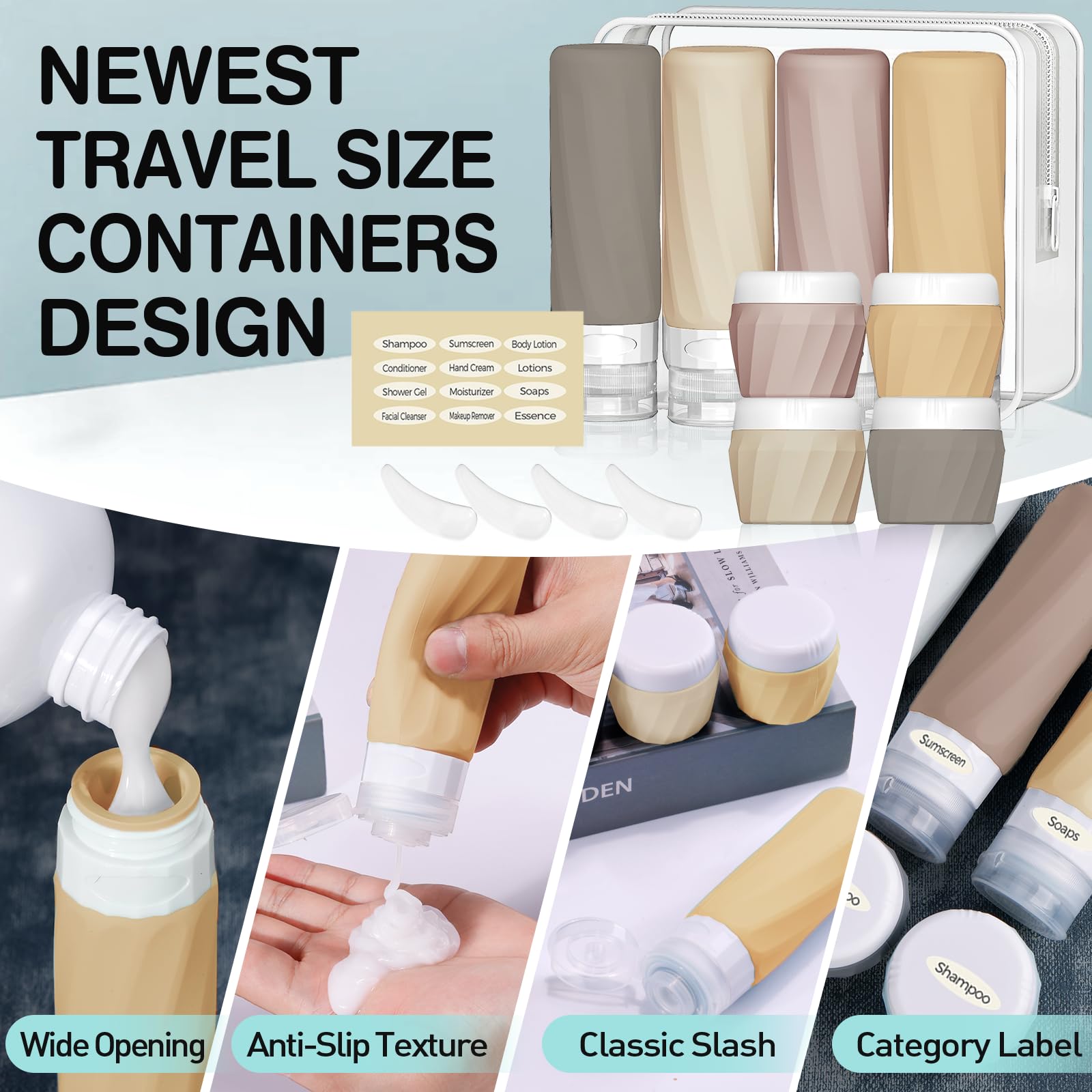 14-Pack TSA Approved Leak-Proof Travel Bottles for Toiletries - Premium Silicone Refillable Squeeze Bottles & Cream Jars Set with Clear Bag (Apricot) - Perfect for Air Travel, Camping & Gym Essentials Organization