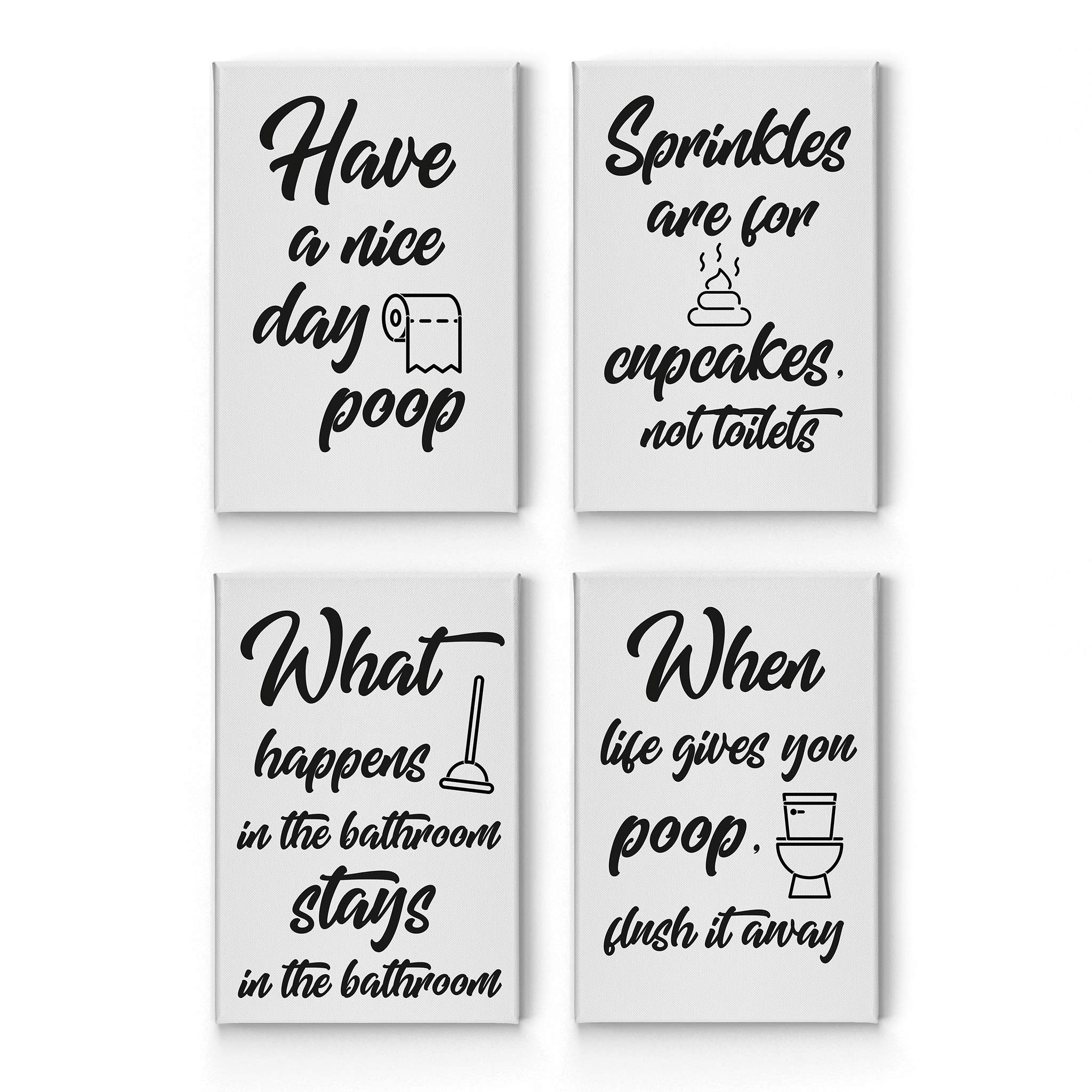 Funny Bathroom Wall Art Set - 4 Piece Canvas Prints with 'What Happens in the Bathroom' Quote - Ready to Hang Decor (28x19 inches each) - Perfect for Toilet Humor & Bathroom Decor Ideas