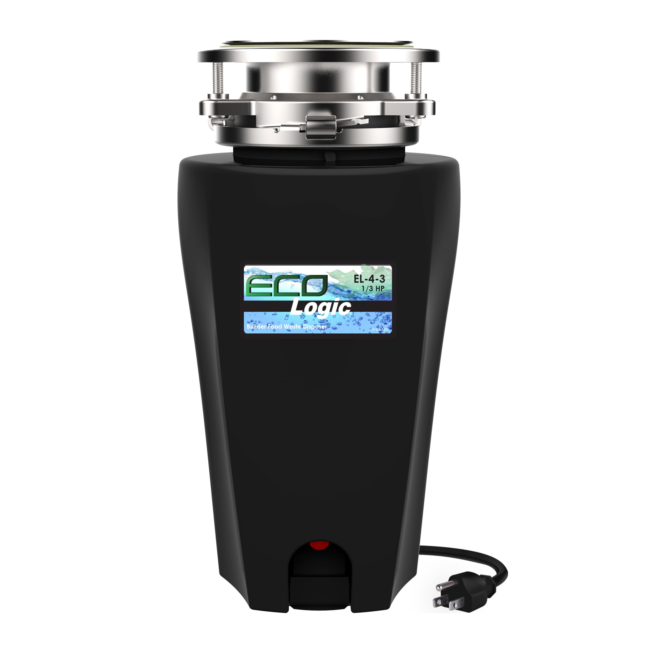 Eco Logic 10-US-EL-4-3B 1/3 HP Continuous Feed Garbage Disposal with Removable Splash Guard, Power Cord & 3-Bolt Mount - Black | Under Sink Waste Disposal for Kitchen, Home & Commercial Use